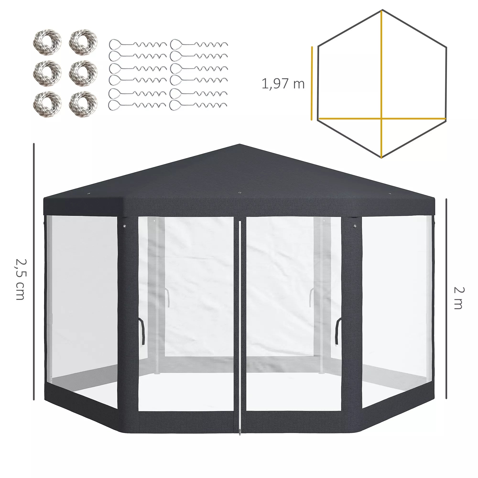 Sodo pavėsinė, šešiakampė, paviljonas, tinklinės užuolaidos nuo uodų, metalinis rėmas, 3,94 x 3,412 x 2,5 m, tamsiai pilka