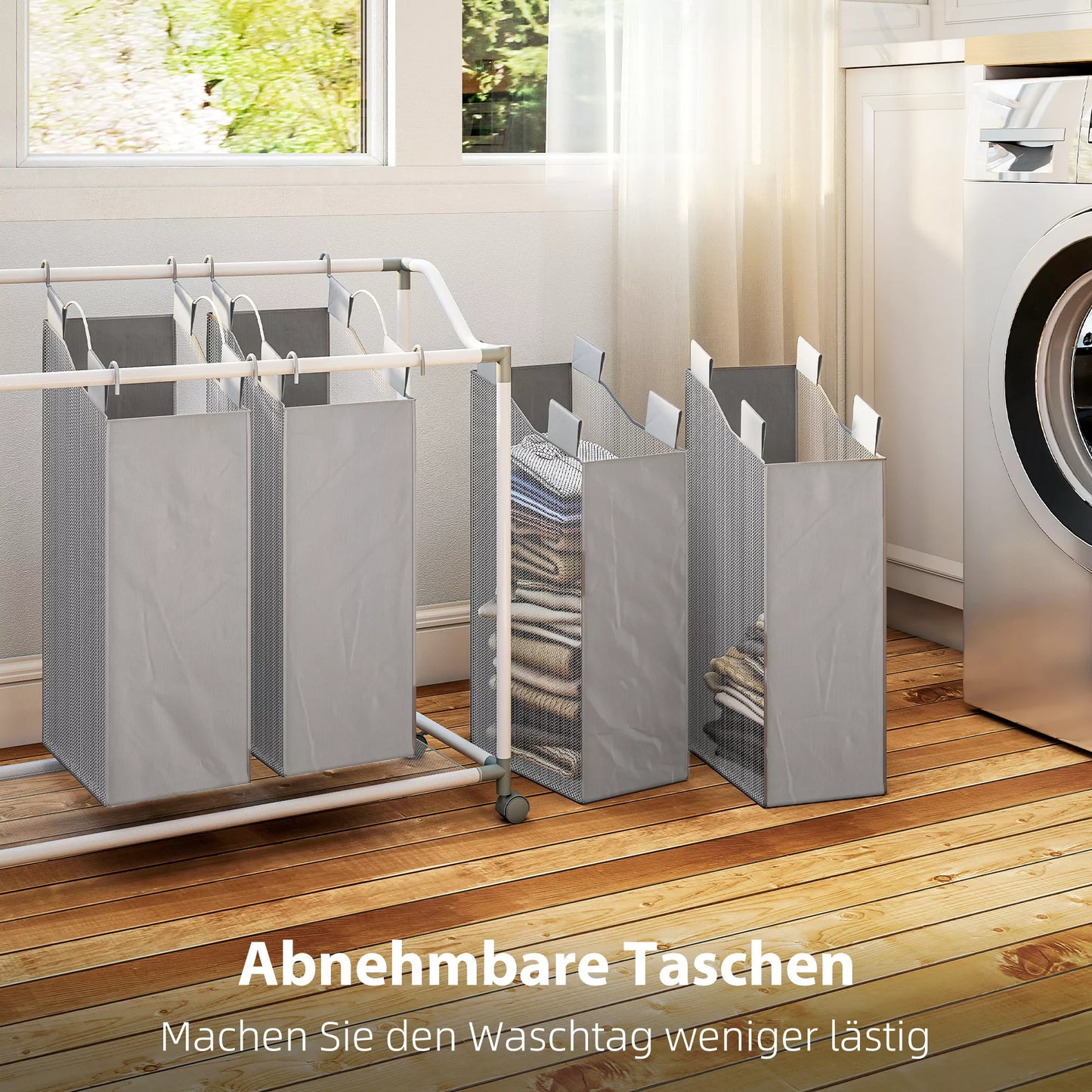 Skalbiarnių krepšys su 4 skyriais 160 L, surinktuvas su ratukais, išimama skalbinių talpykla, 97 x 38 x 81 cm, pilkos spalvos.