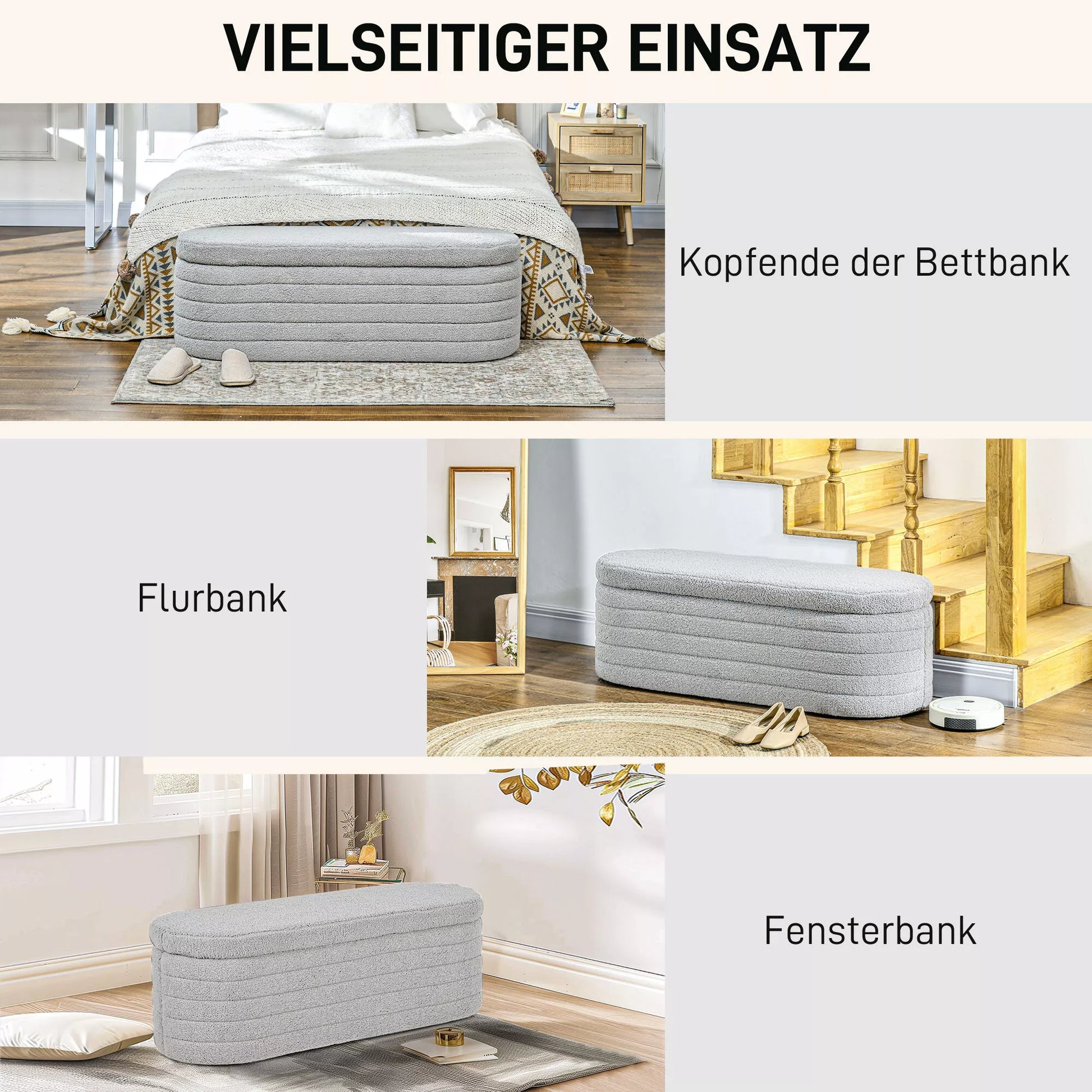 Lovosola, su sandėliavimo funkcija, Teddy vilna, 116x41x40,5cm, šviesiai pilka