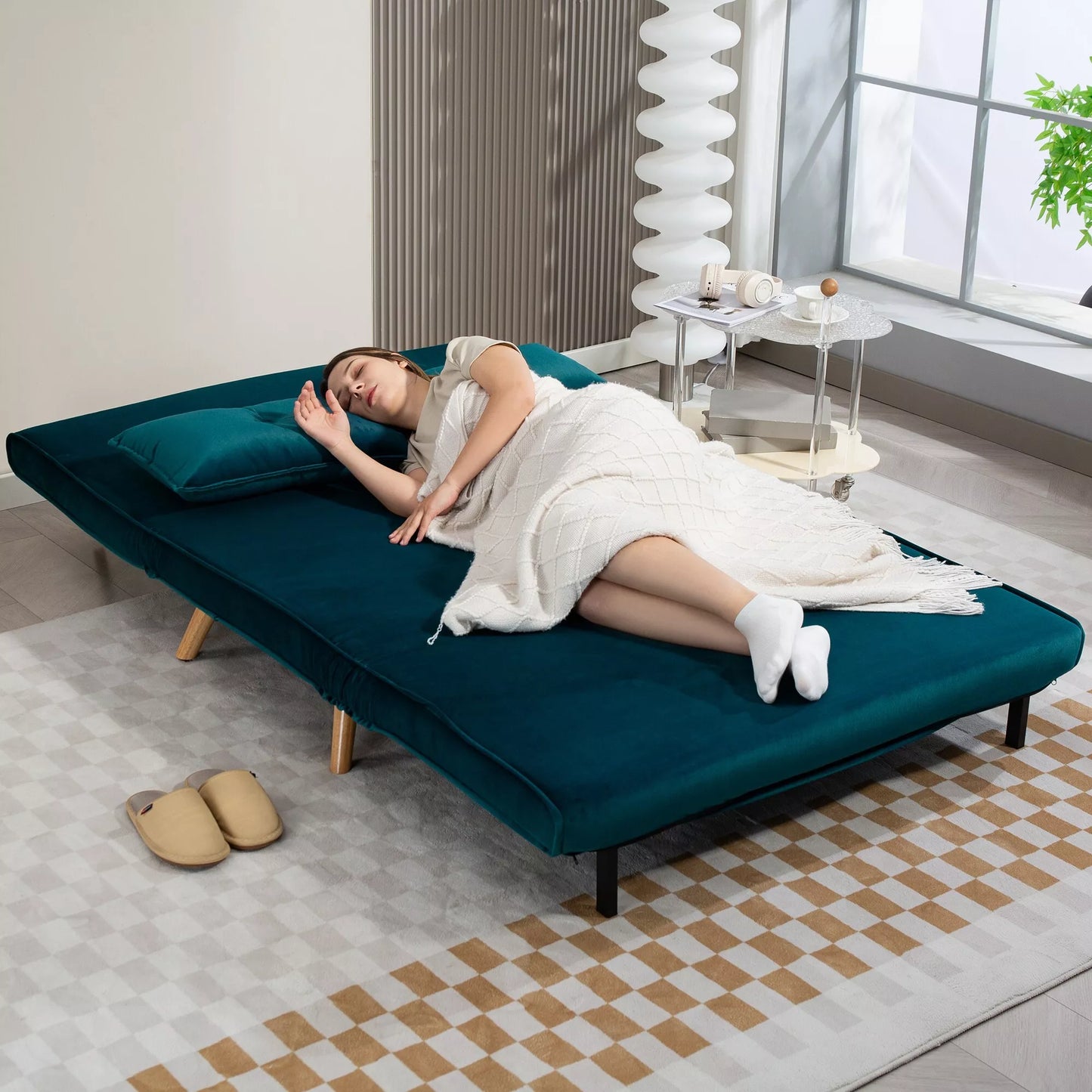 2 vietų miegojama sofa, sofa-lova, transformuojama į lovą, reguliuojama atlošas, audinio apmušalas, metalinis rėmas, žalia