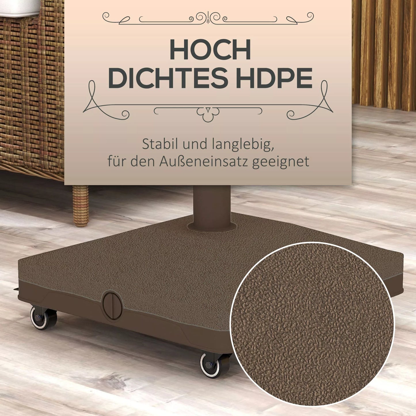 Saulės skėčio stovas, kvadratinis pildomas pagrindas su ratuku, plastikas, 45x45x12 cm, rudas