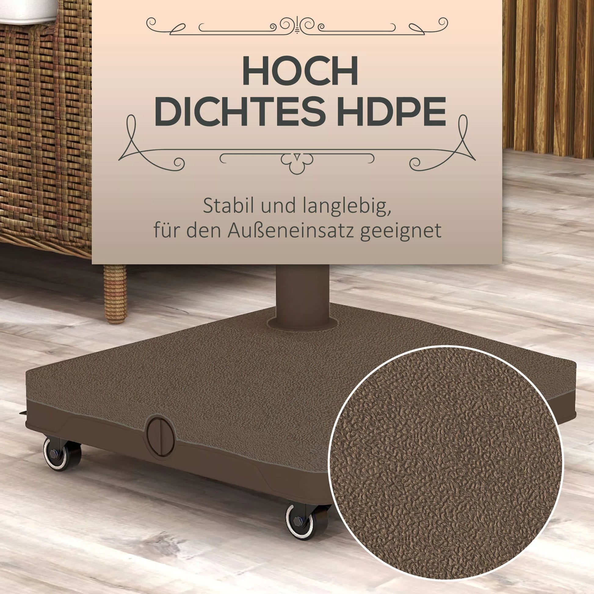 Saulės skėčio stovas, kvadratinis pildomas pagrindas su ratuku, plastikas, 45x45x12 cm, rudas