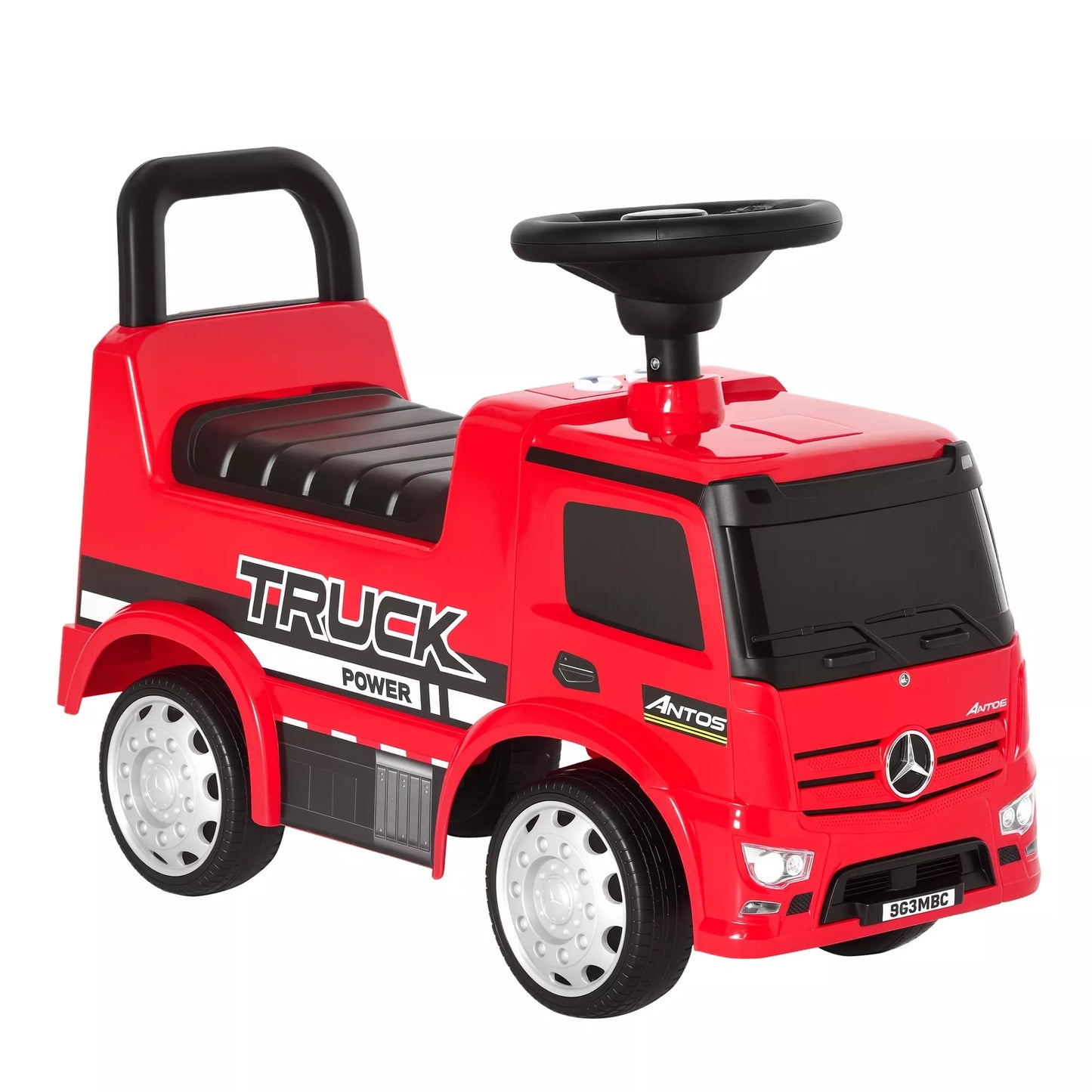 Vaikiška transporto priemonė, automobilis-stūmdukas, "Mercedes ANTOS" stiliaus sunkvežimis su šviesa, vaikams nuo 12 iki 36 mėnesių, metalas/PP plastikas, raudona+juoda, 62,5x28,5x45cm