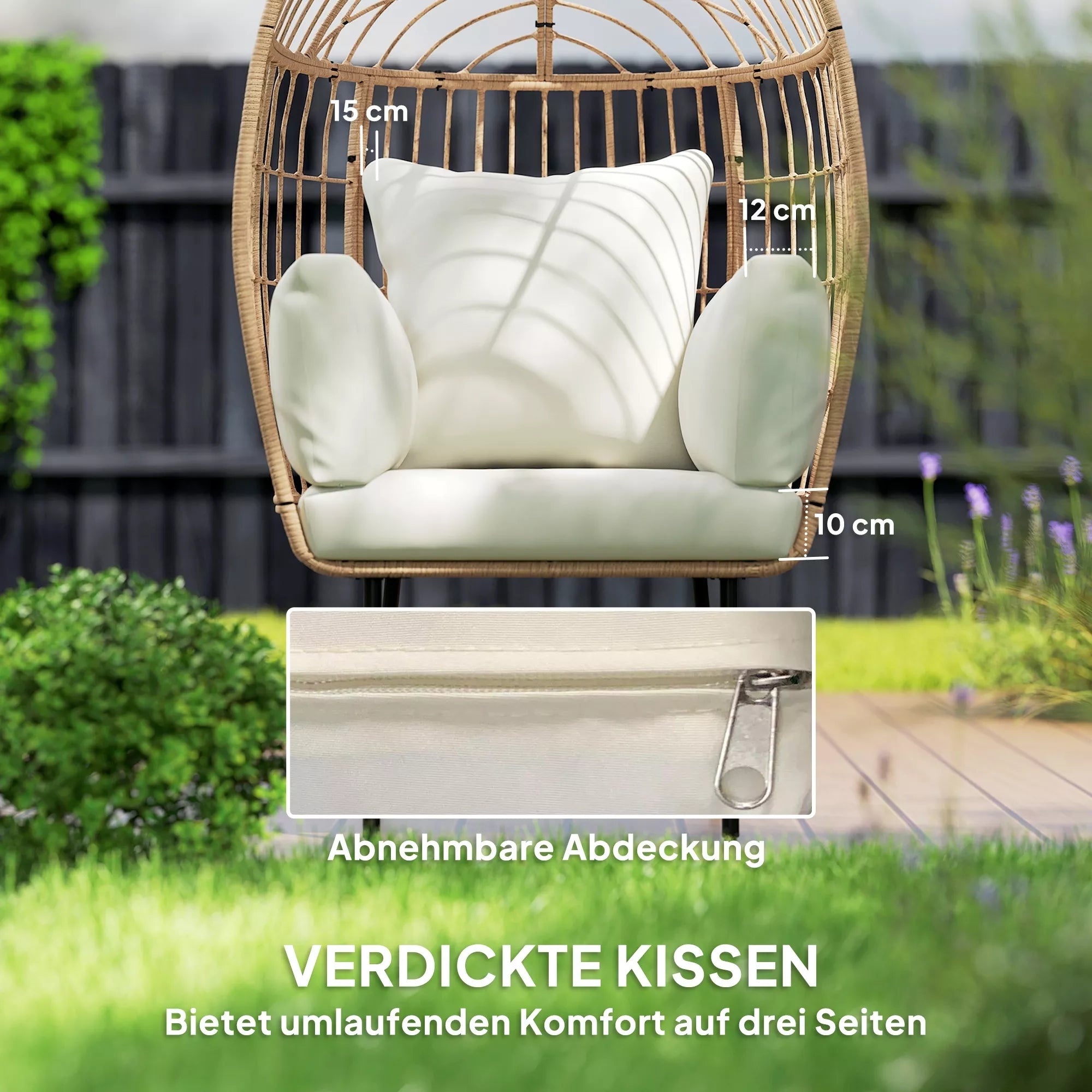 Rattan kėdė kiaušinio formos su nuimamu pagalvėle, apmušalu, lauko kėdė iš rotango 95 x 80 x 155 cm smėlio spalvos