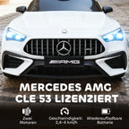 Infografika: baltojo Mercedes AMG CLE 53 licencija, du varikliai, 2,4G valdymo pultas