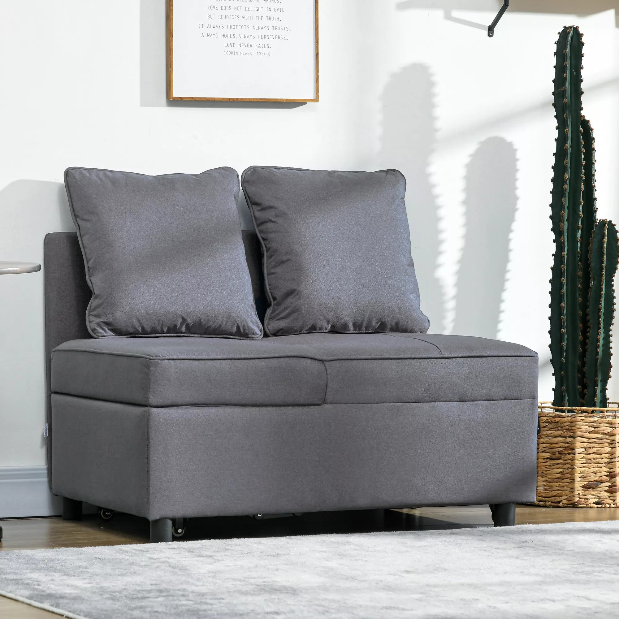 Miegamoji sofa-lova, 2 vietų fotelis su miegojimo funkcija, sulankstomas minkštasuolis su 2 pagalvėlėmis, su lino imitacijos apmušalu, tamsiai pilka