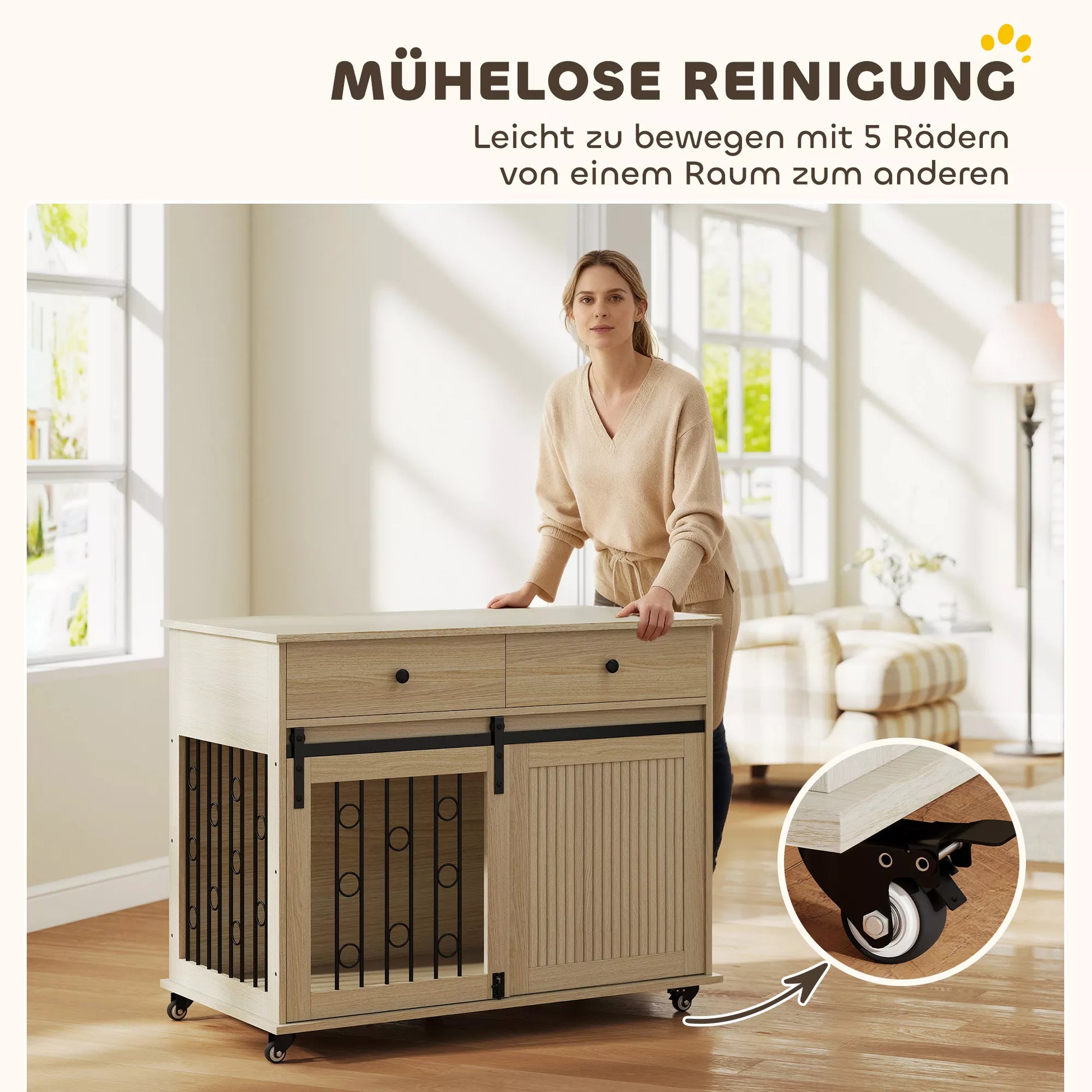 Šunų dėžė su ratukais, 2 durys, 2 stalčiai, vidutinio dydžio ir dideliems šunims, mediena, plienas