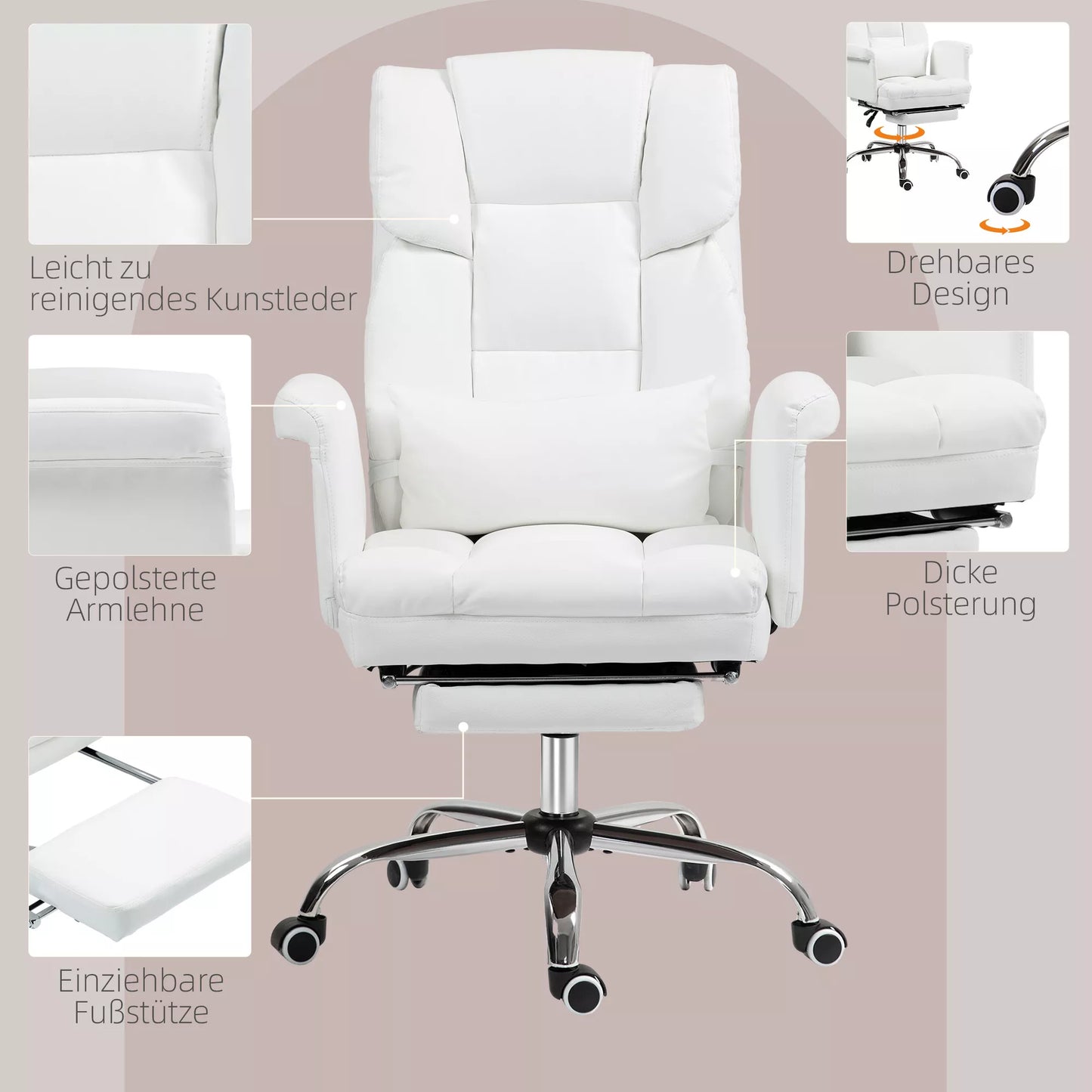 Ergonomiška biuro kėdė, reguliuojamas aukštis 48-56 cm, pakreipiamas atlošas, kojų atrama, balta