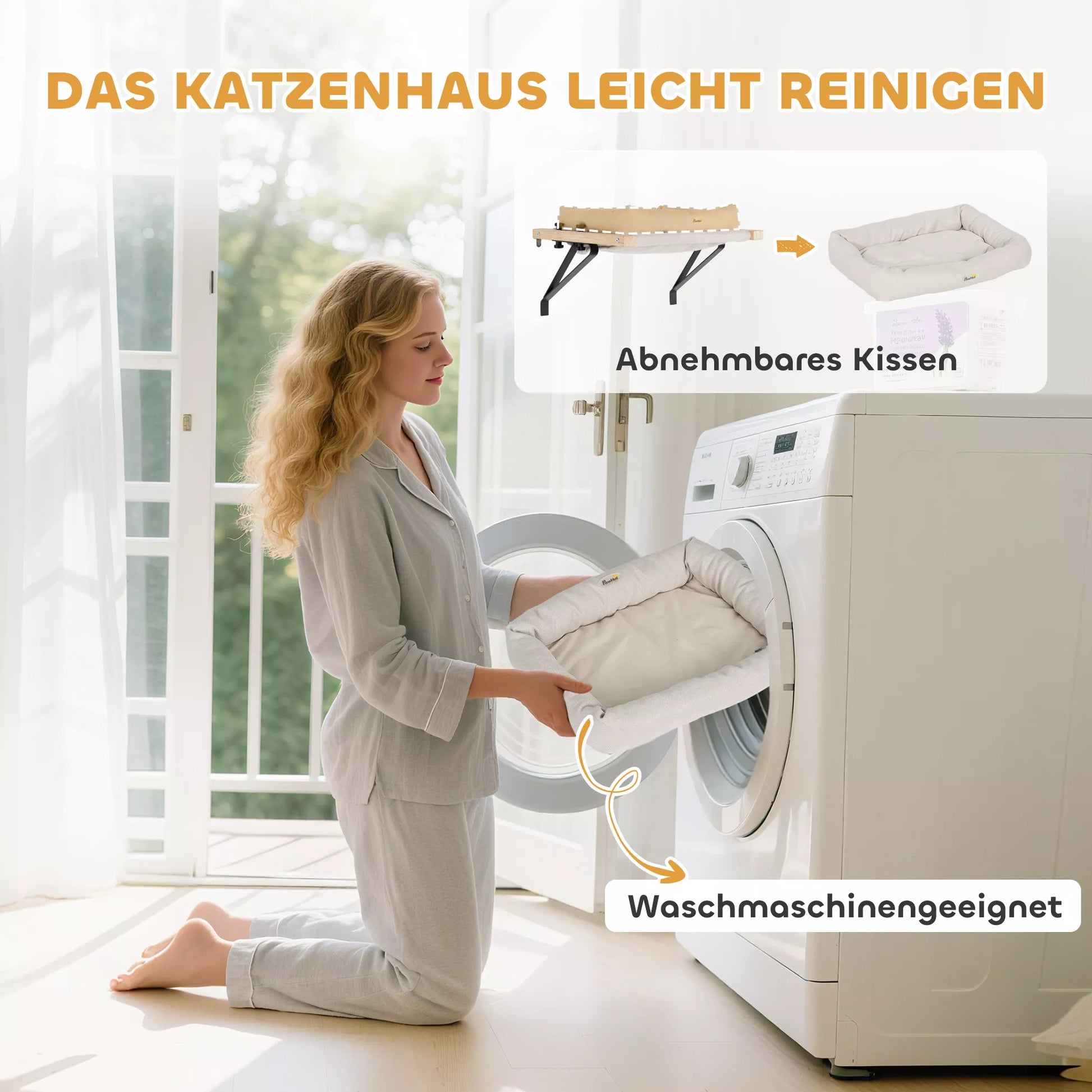 Kačių namelis su tvirtinimu ant palangių ir radiatorių, su pagalvėle, mediniu rėmu, baltas