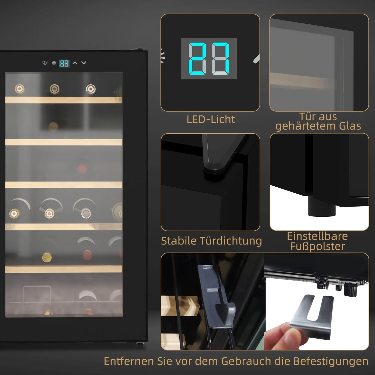 Kompaktiškas vyno aušintuvas svetainei, talpinantis 24 butelius, su reguliuojama 5–20 °C temperatūra, LED apšvietimu, juodos spalvos, 43 x 45 x 75 cm