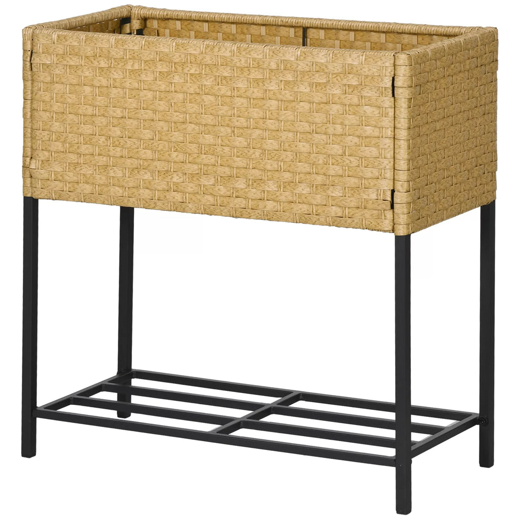 Aukštas gėlių vazonas, gėlių dėžė, gilus dėklas, metalinis rėmas/poliratanas, 70 x 30 x 72 cm, smėlio spalvos