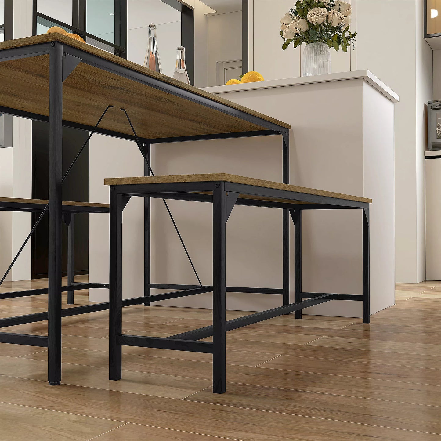 Valgomojo baldų komplektas, Stalas ir 2 suolai, Industrialinis dizainas, Plieno rėmas, Medžio imitacija/Juoda