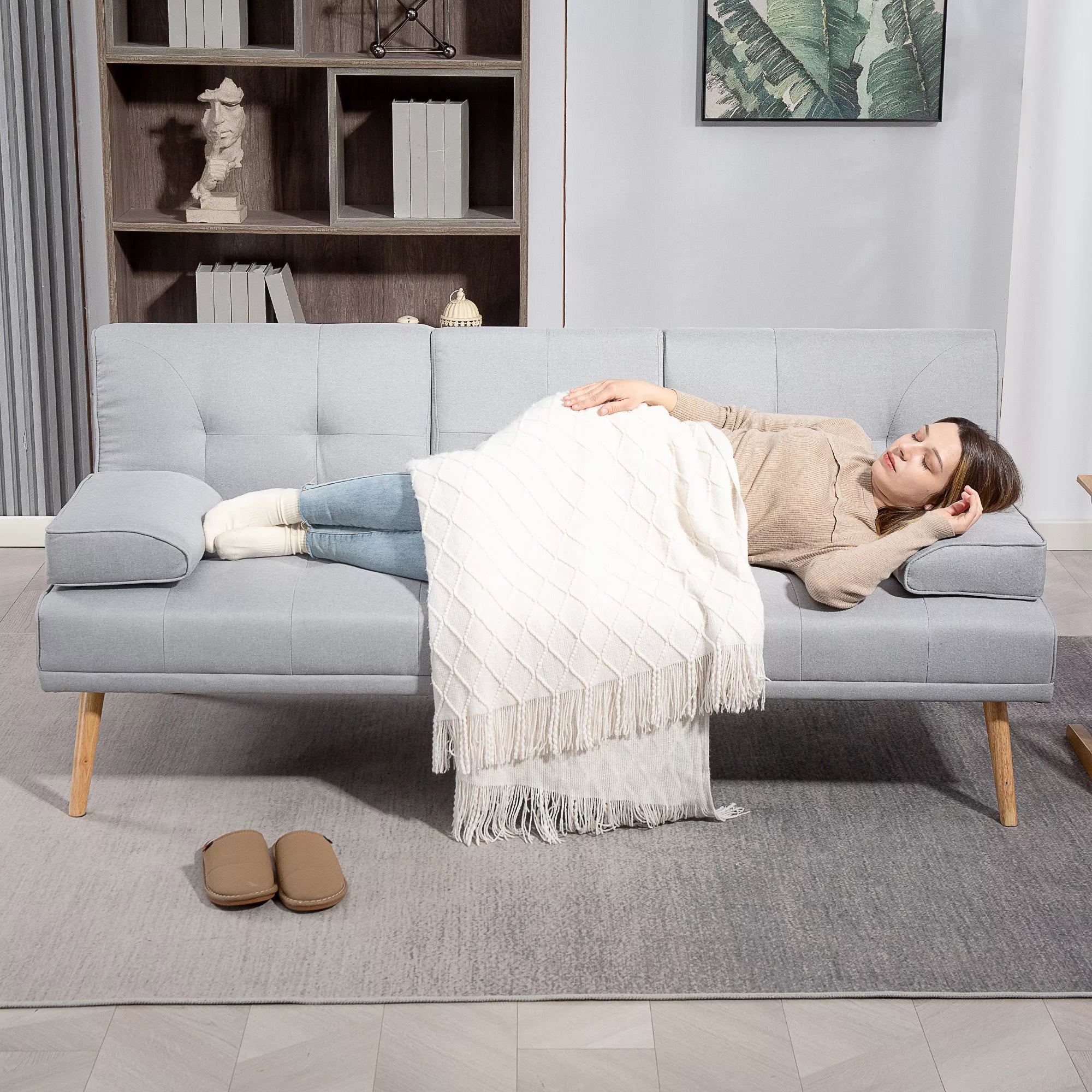 Miegamasis sofos, 3-vietė sofa, miegamasis sofos su atlenkiamu stalu, puodelių laikiklis, lino išvaizdos miegamasis sofos, svetainės svečių sofa, šviesiai pilkos spalvos