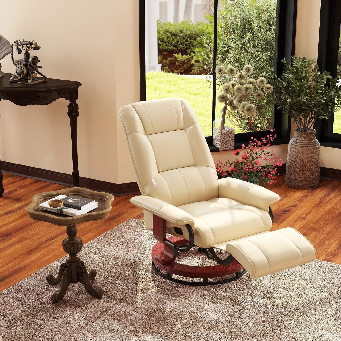 Krėslas su relaksacijos funkcija, reguliuojamas, su gulėjimo funkcija, iki 120 kg, dirbtinė oda, 78 x 87 x 100 cm, kreminės spalvos