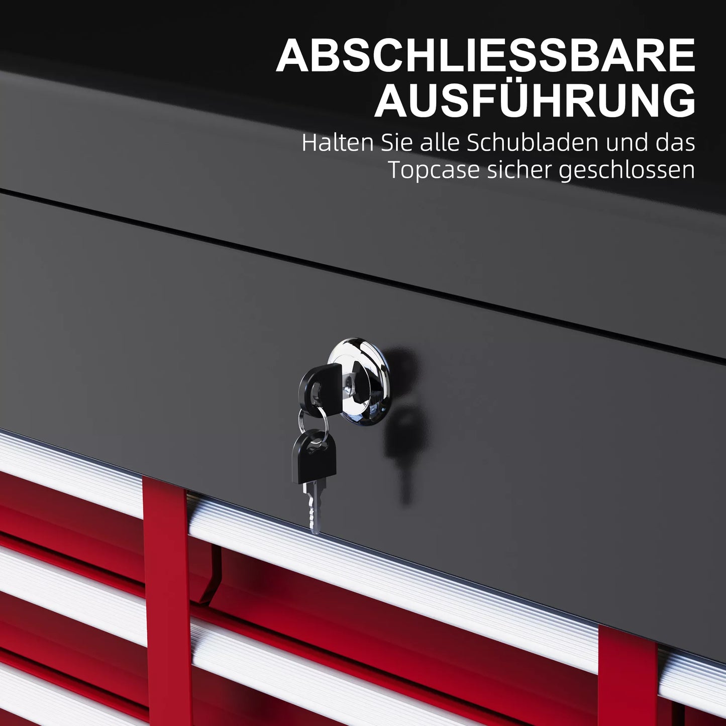 Įrankių dėžė, užrakinama, 3 stalčiai, plieninis korpusas, 60x26x34cm, Raudona+Juoda