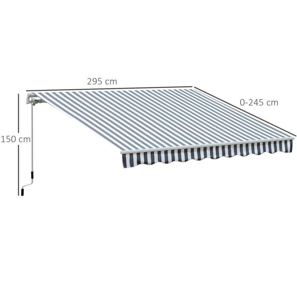 Schema su markizės matmenimis: 295 × 245 cm, iškyša 150 cm