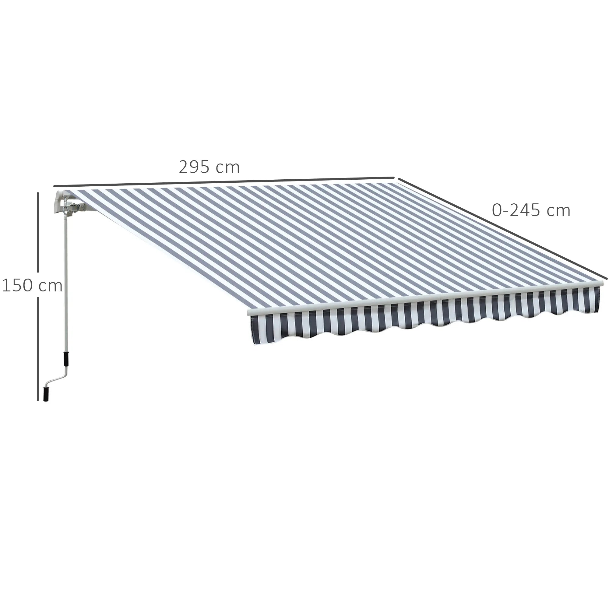 Schema su markizės matmenimis: 295 × 245 cm, iškyša 150 cm