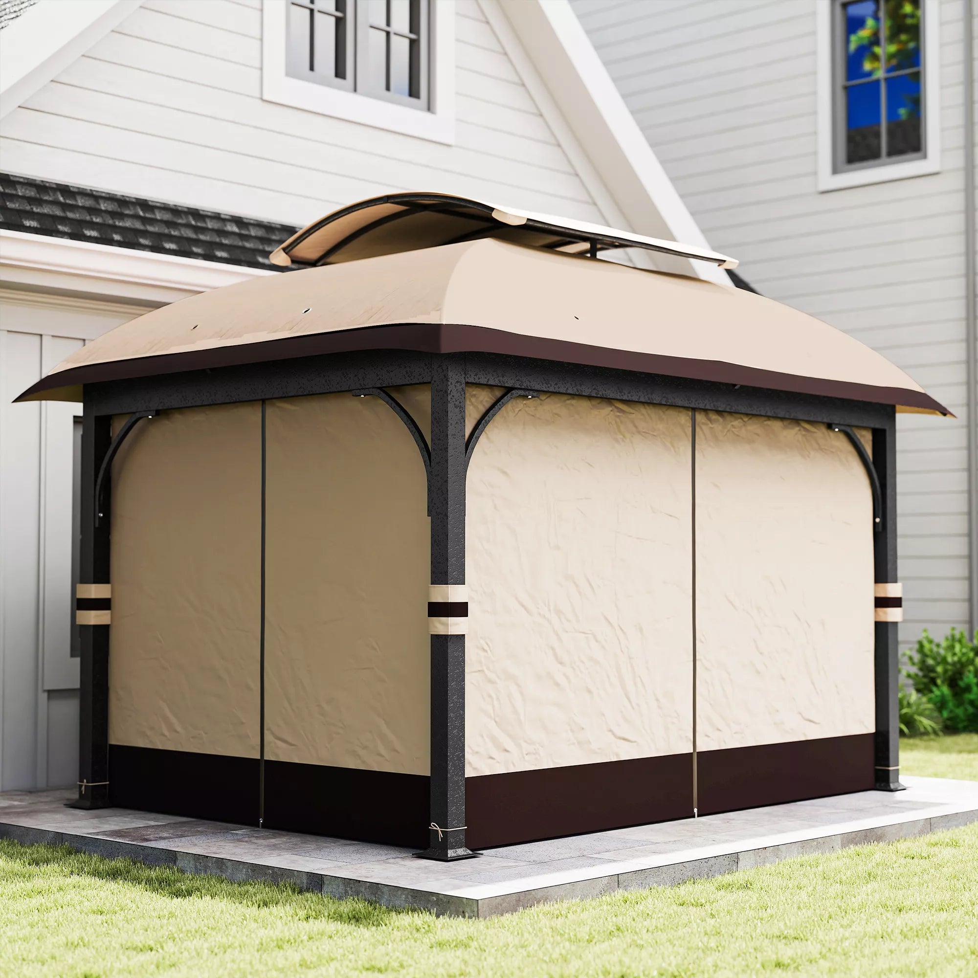 Sodo paviljonas, 3,3 x 4 m Sodo palapinė su tinklinėmis užuolaidomis, dviejų pakopų stogas, dirbtinės odos danga, metalinis rėmas, chaki spalvos