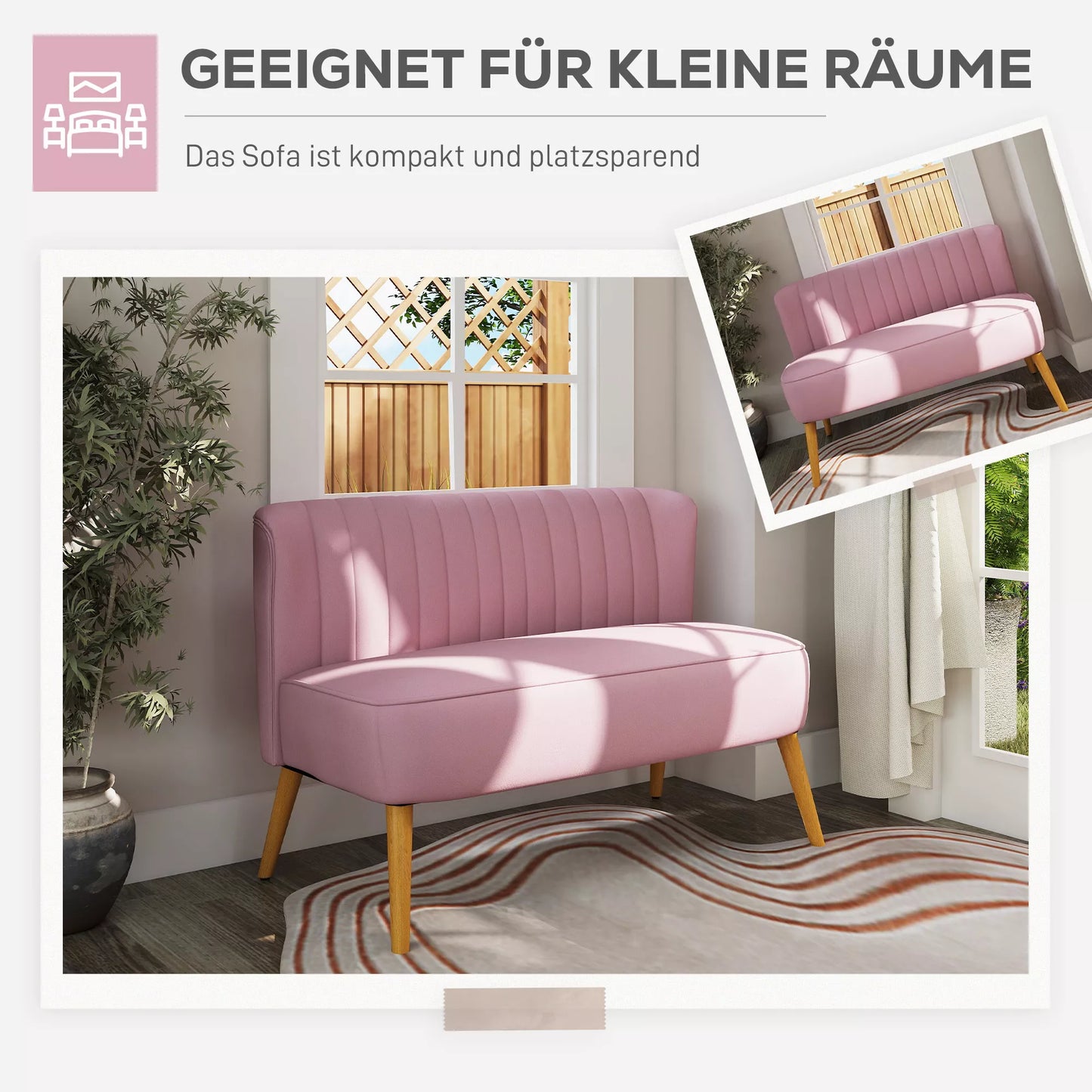 2 vietų audinio sofa, minkšta sofa, dvivietė sofa, sėdėjimo baldas, poilsio sofa, mediena, rausvo aksomo tipo poliesteris, putplastis, rožinė, 117 x 56,5 x 77 cm