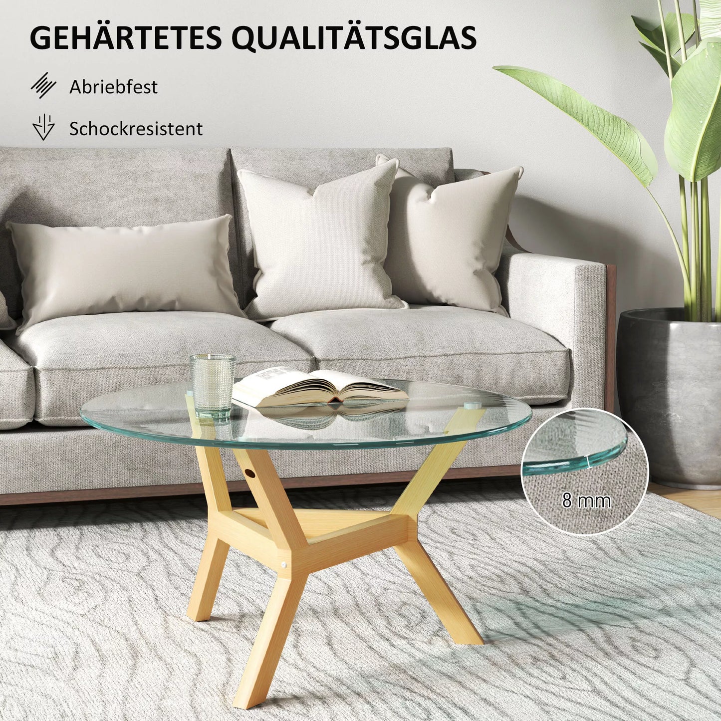 Apvalus staliukas iš grūdinto stiklo su reguliuojamais padukais ir plieniniu rėmu, skirtas svetainei, miegamajam