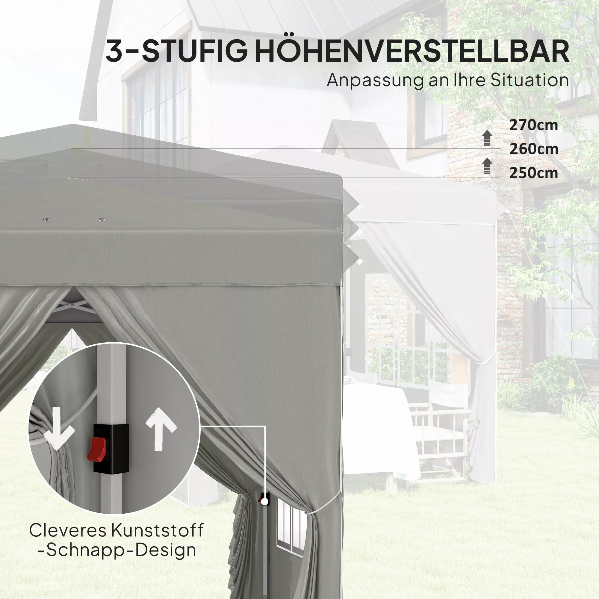 2,5 x 2,5 m Pop-up paviljonas su sienelėmis ir nešiojimo krepšiu, UPF50+ reguliuojamo aukščio sodo palapinė, šviesiai pilkas