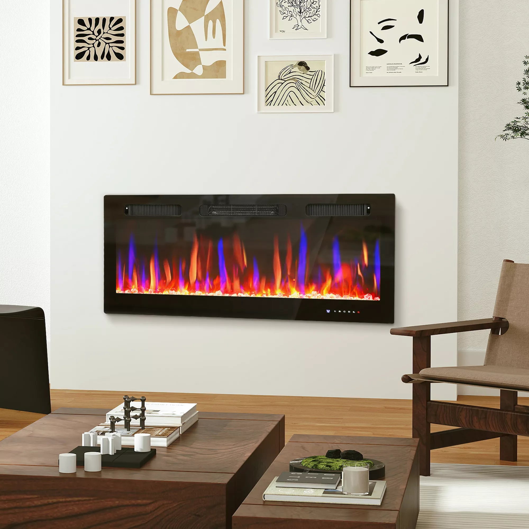 Elektrinis židinys, montuojamas prie sienos, reguliuojama liepsna, termostatas, laikmatis, plienas, juodas