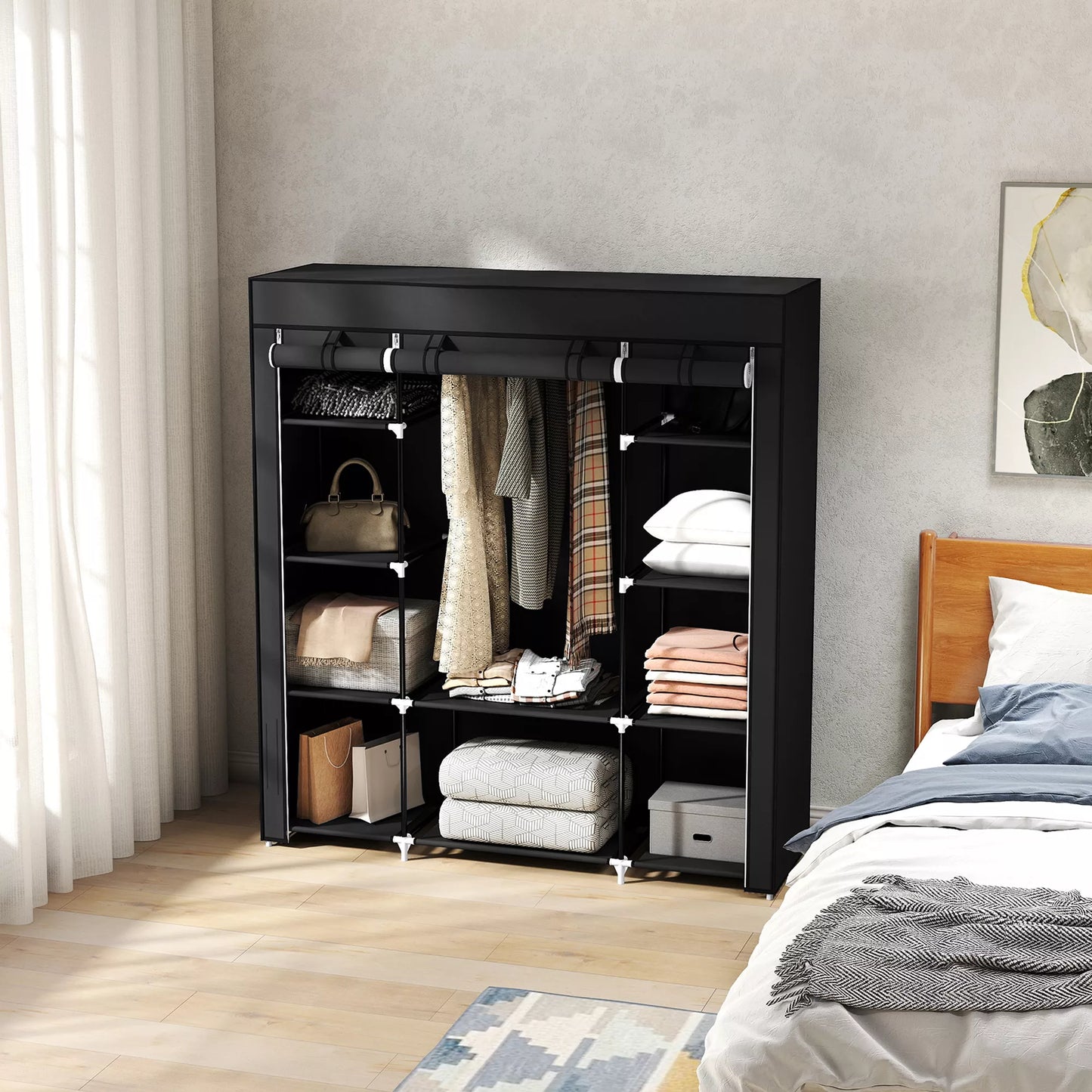 Sulankstoma audinių spinta, pagaminta iš neaustinės medžiagos, 1 drabužių kabykla, 9 lentynos, 150 cm x 43 cm x 162,5 cm, juoda