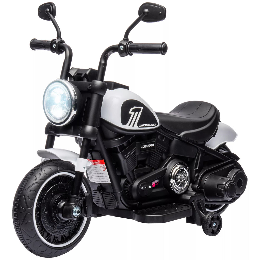 Juodas ir baltas elektrinis vaikiškas motociklas su pagalbiniais ratukais
