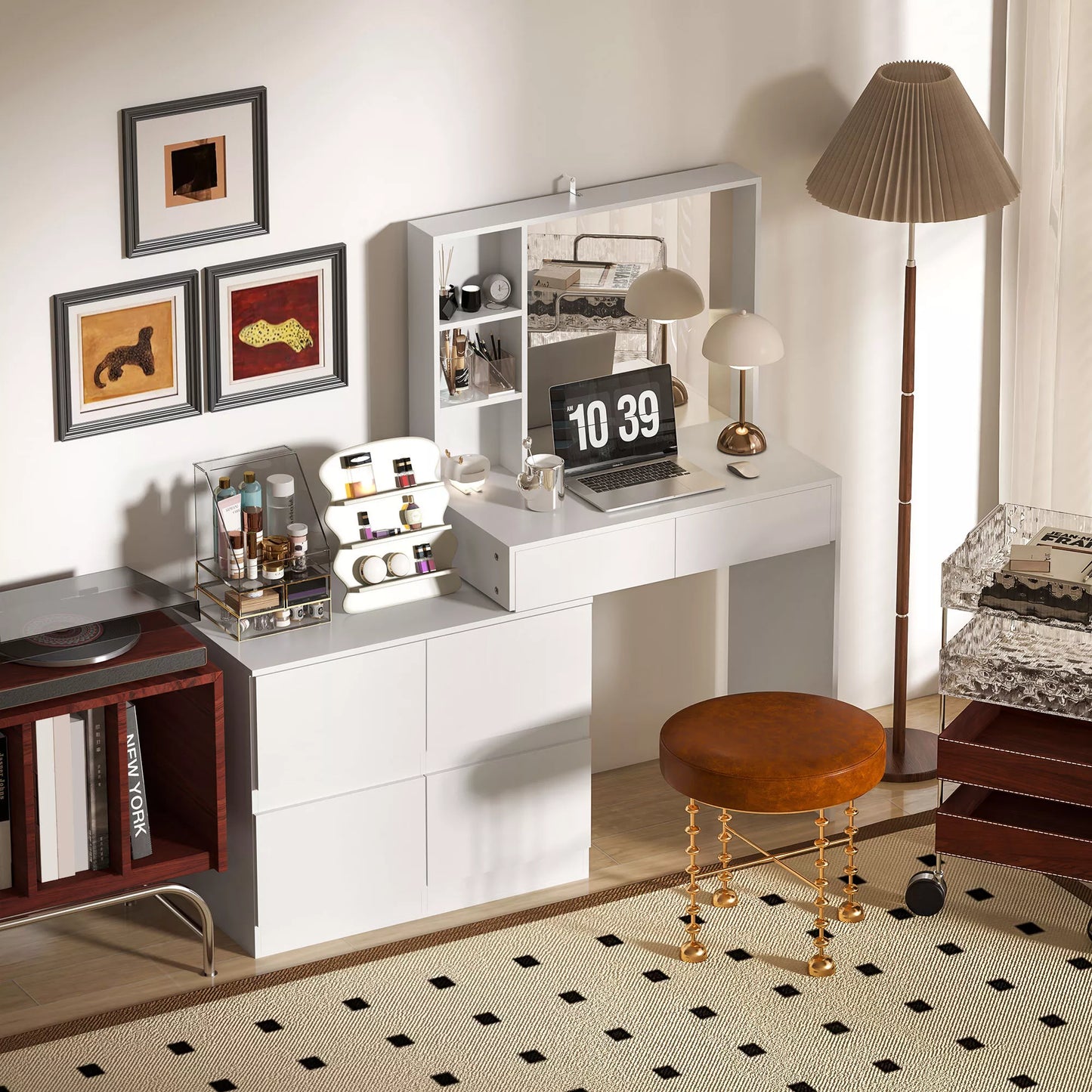 Kosmetinis staliukas, makiažo staliukas su dideliu veidrodžiu, 4 stalčiais, 3 atviromis lentynomis, 2 spintelėmis, MDF, baltas