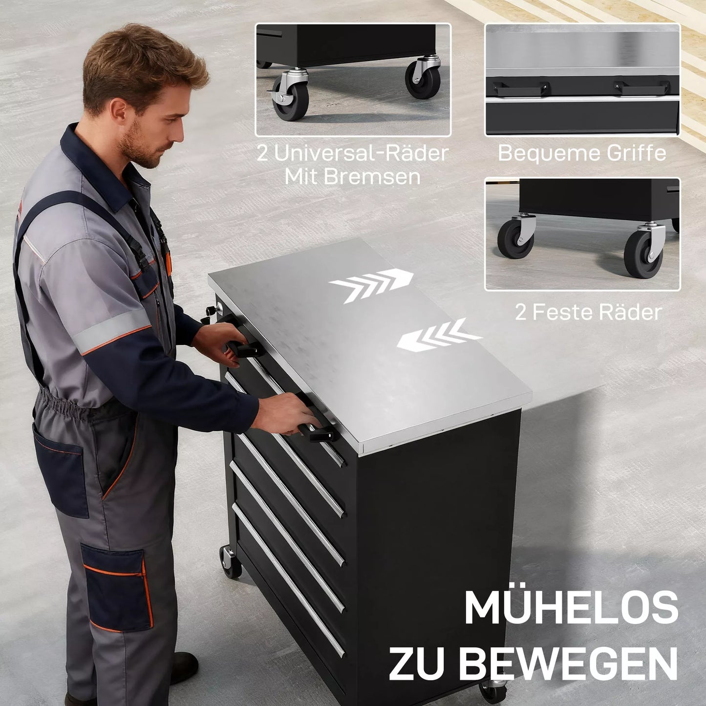 Įrankių vežimėlis su 5 stalčiais, ratinė įrankių dėžė, plieninis įrankių spintelė, sidabro+juoda