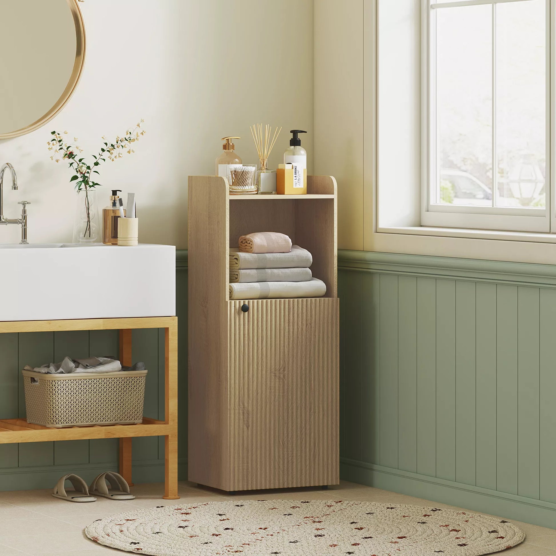 Vonios spintelė nišinė su spintele, atviromis lentynomis, reguliuojamomis lentynomis, vonios baldas, 40 x 31 x 104 cm, ąžuolo geltonumo