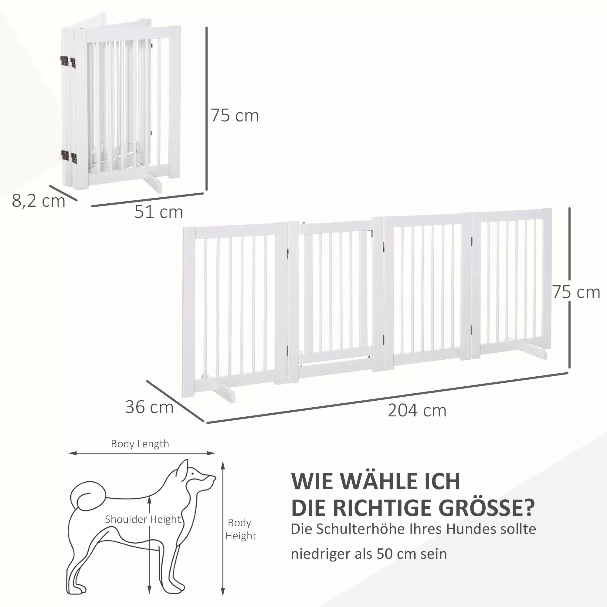 Schema su užtvaros matmenimis ir šuns dydžio pasirinkimu