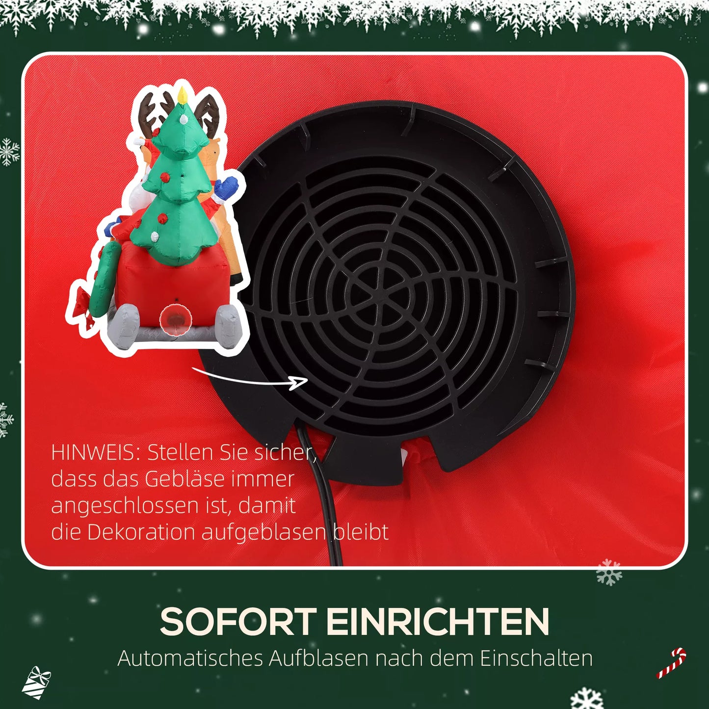 Pripučiama kalėdinė puošmena, Kalėdų senelis su elnių rogutėmis, poliesterio audinys, LED lemputės, spalvinga