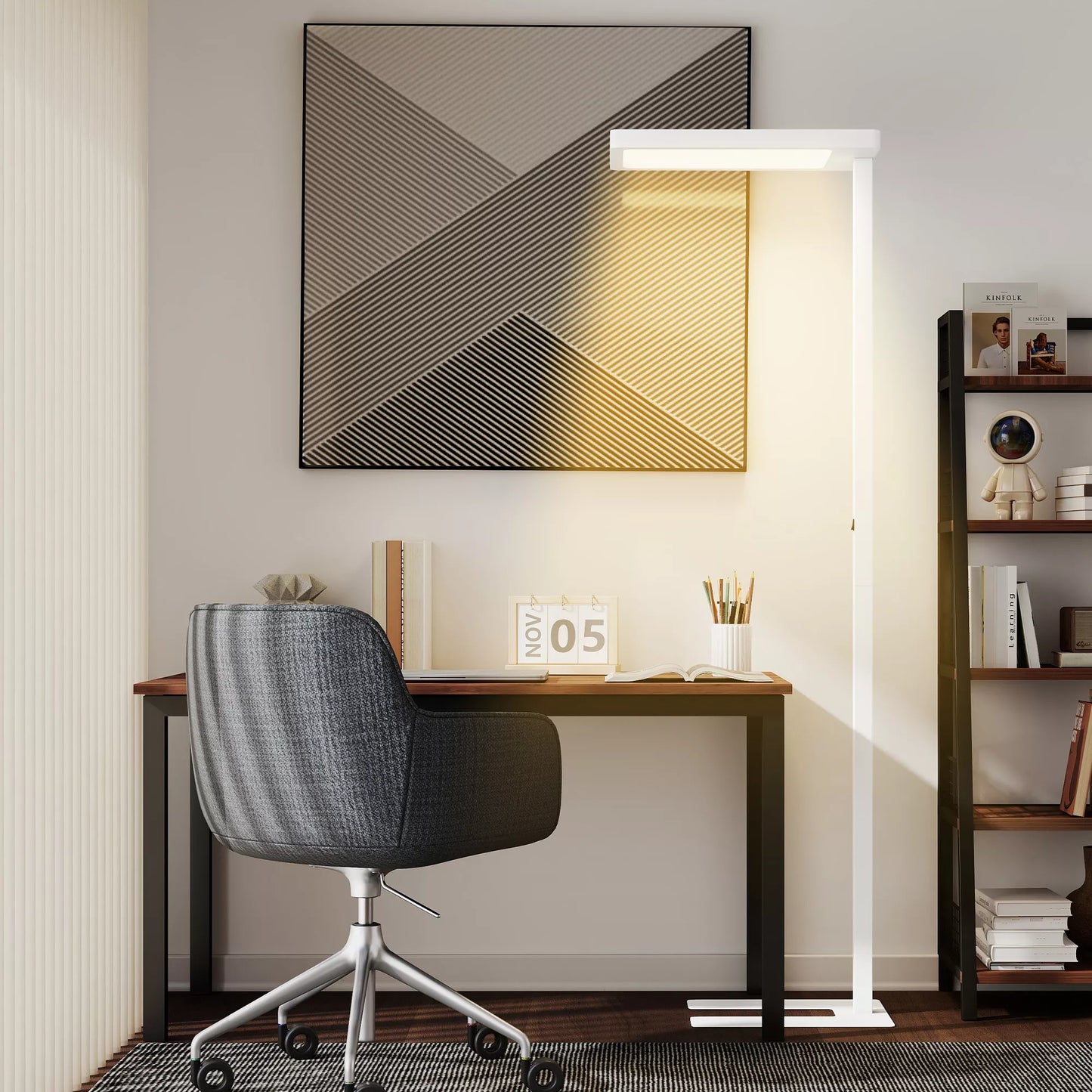 LED stovas, akis tausojantis apšvietimas, grindų lempa su nuotolinio valdymo pultu, reguliuojamas ryškumas, plastikas, metalas, balta spalva