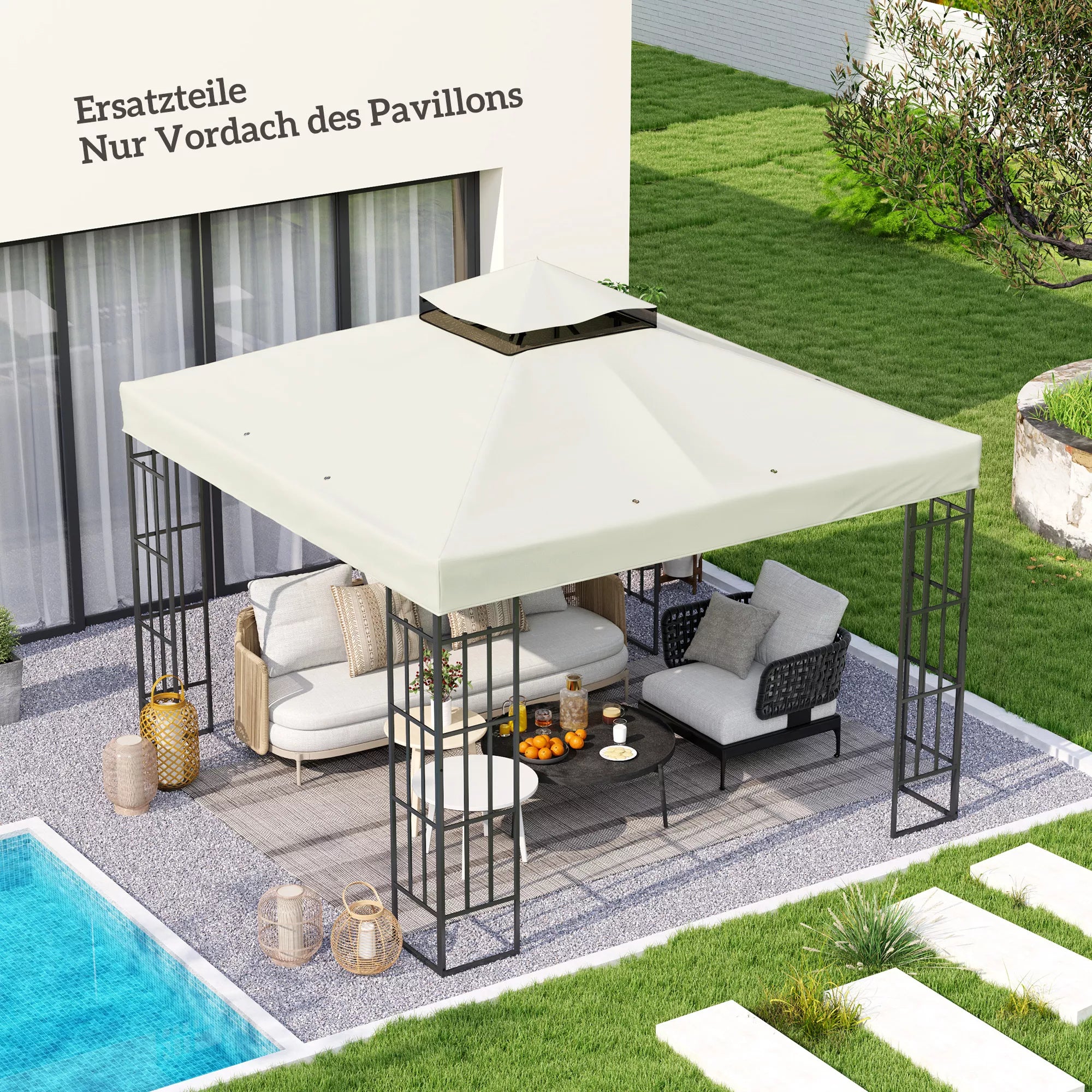 3 x 3 m atsarginis stogas paviljonui, atsarginis paviljono tentas su vandens nutekėjimo angomis, UPF30+, apsauga nuo saulės, šviesiai pilkos spalvos