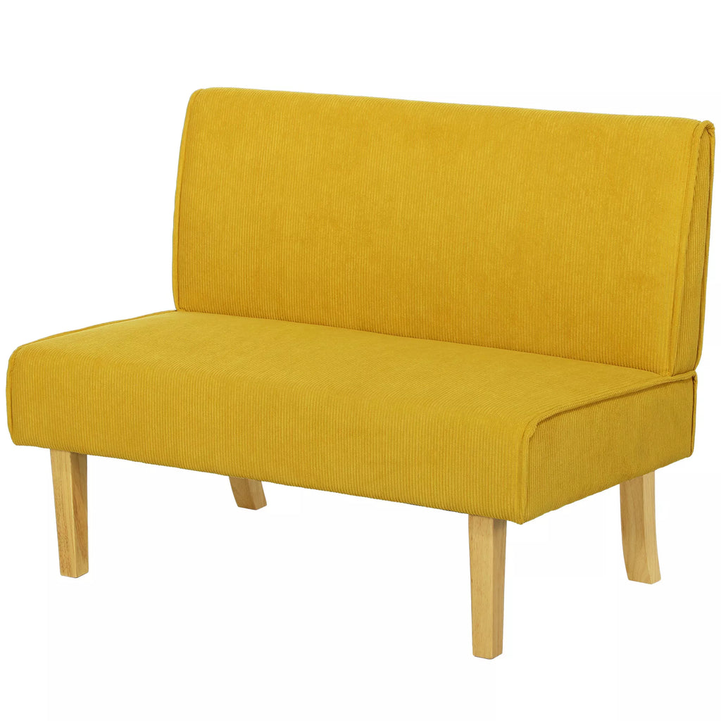 Dvivietė sofa su velveto apmušalu, storu paminkštinimu ir tvirtais mediniais kojomis, skirta svetainei, miegamajam, biurui, geltonos spalvos.