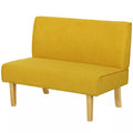 Dvivietė sofa su velveto apmušalu, storu paminkštinimu ir tvirtais mediniais kojomis, skirta svetainei, miegamajam, biurui, geltonos spalvos.