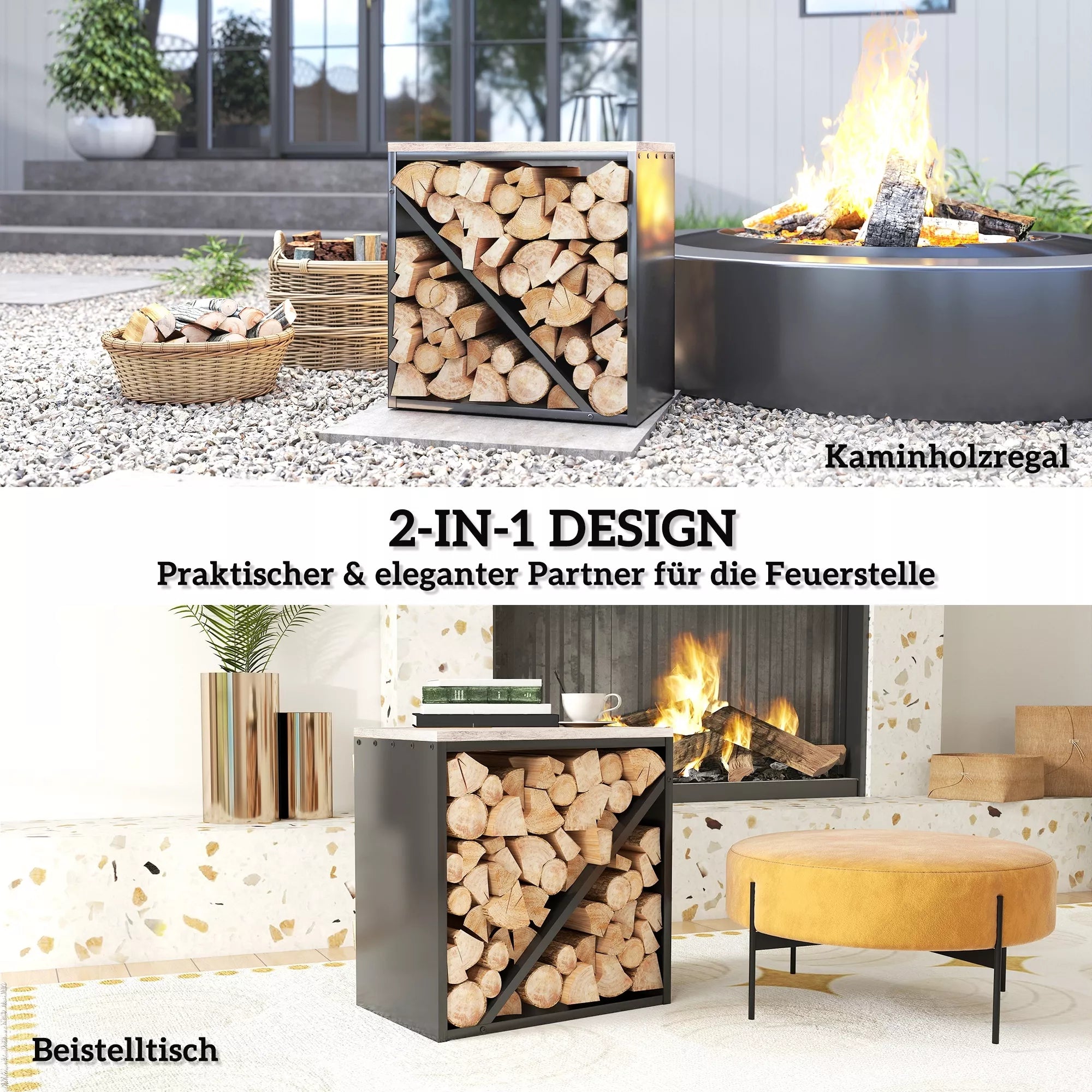 2-in-1 vidinė malkinė 58 x 36 x 60cm paaukštintas malkų stovas su pertvara Metalinis Juodas
