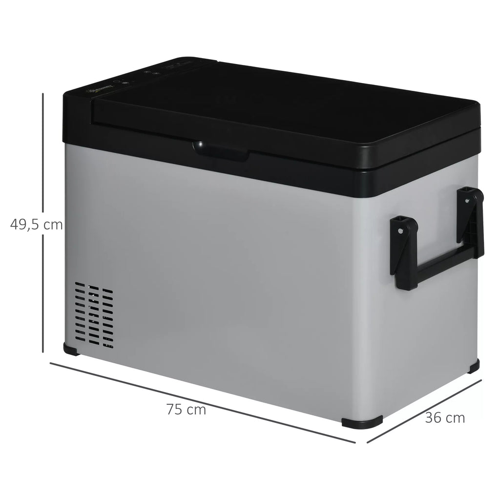 50 l automobilinis šaldytuvas su LCD ekranu, 2 režimais, kompresoriumi, rankenomis, tinka laivams, kemperiams, kelionėms, 12/24 V DC ir 110–240 V AC, pilkos ir juodos spalvos