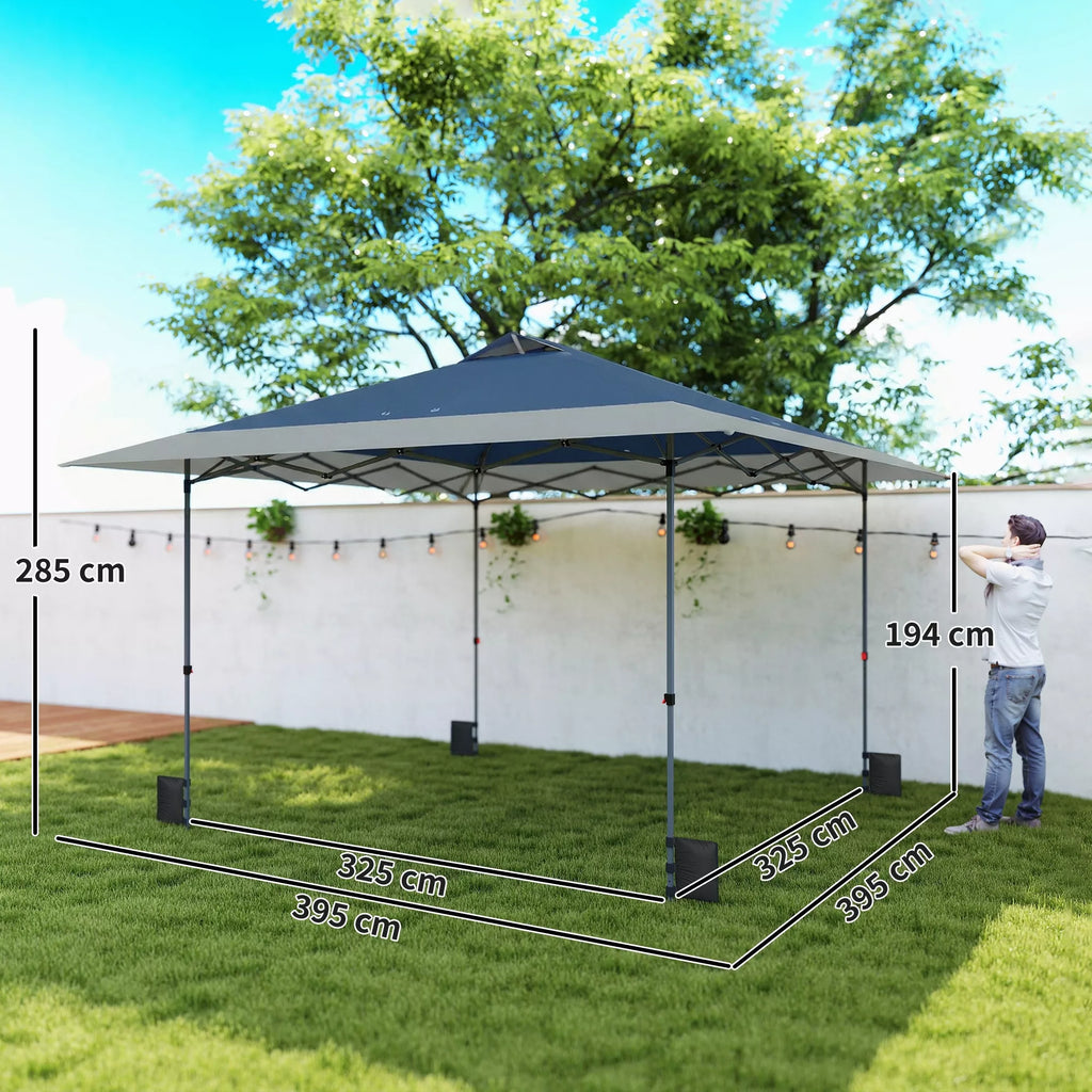 Paviljonas, maždaug 4x4 m, atsparus vandeniui, stabilus, atsparus žiemai, išskleidžiamas, su vieno žingsnio uždarymo funkcija, UV 50+
