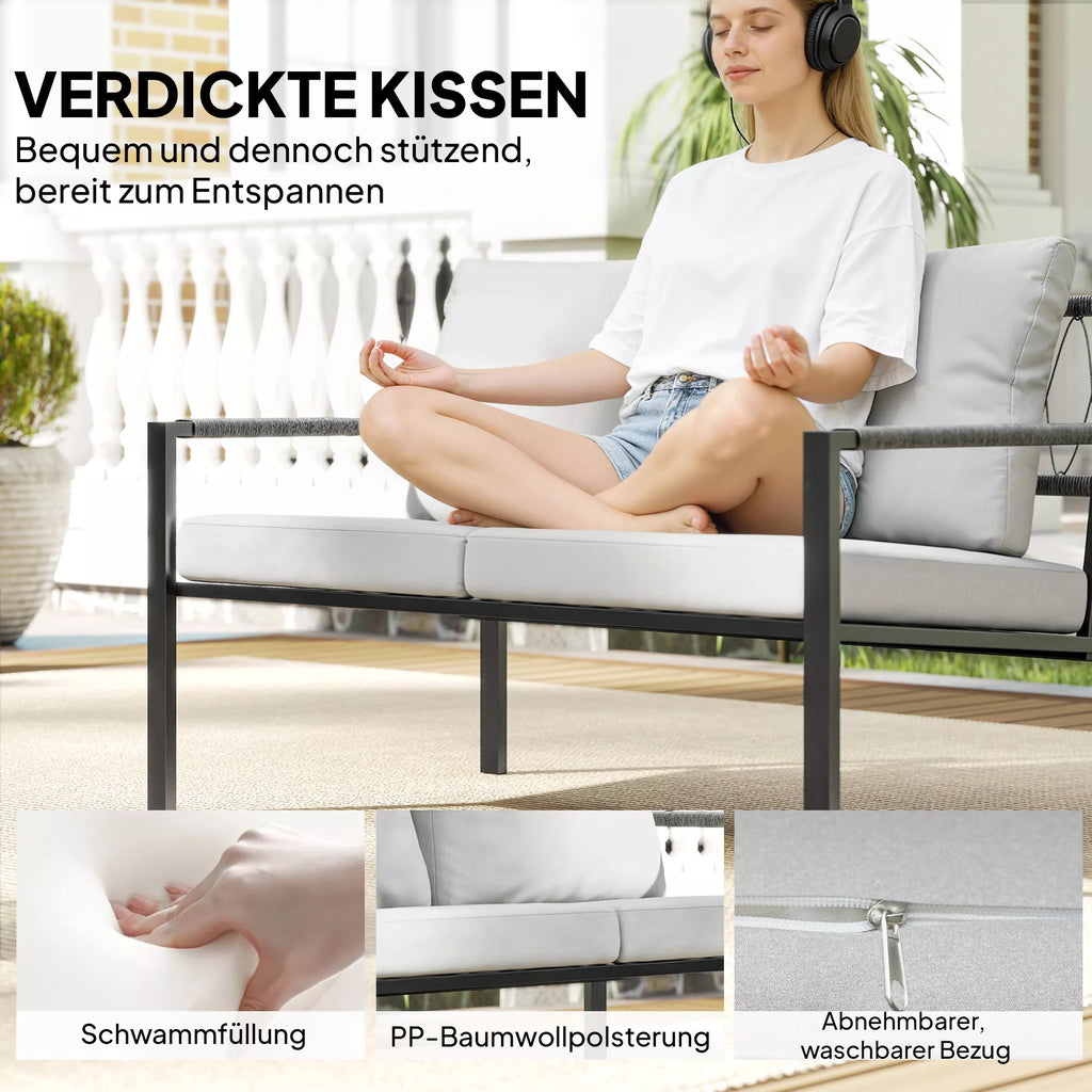Sodo baldų komplektas 4 asmenims, atsparus oro sąlygoms, balkono baldų komplektas su dviviete sofa, foteliais, sėdimojo pagalvėlėmis ir pagalbiniu staliuku, šviesiai pilkos spalvos