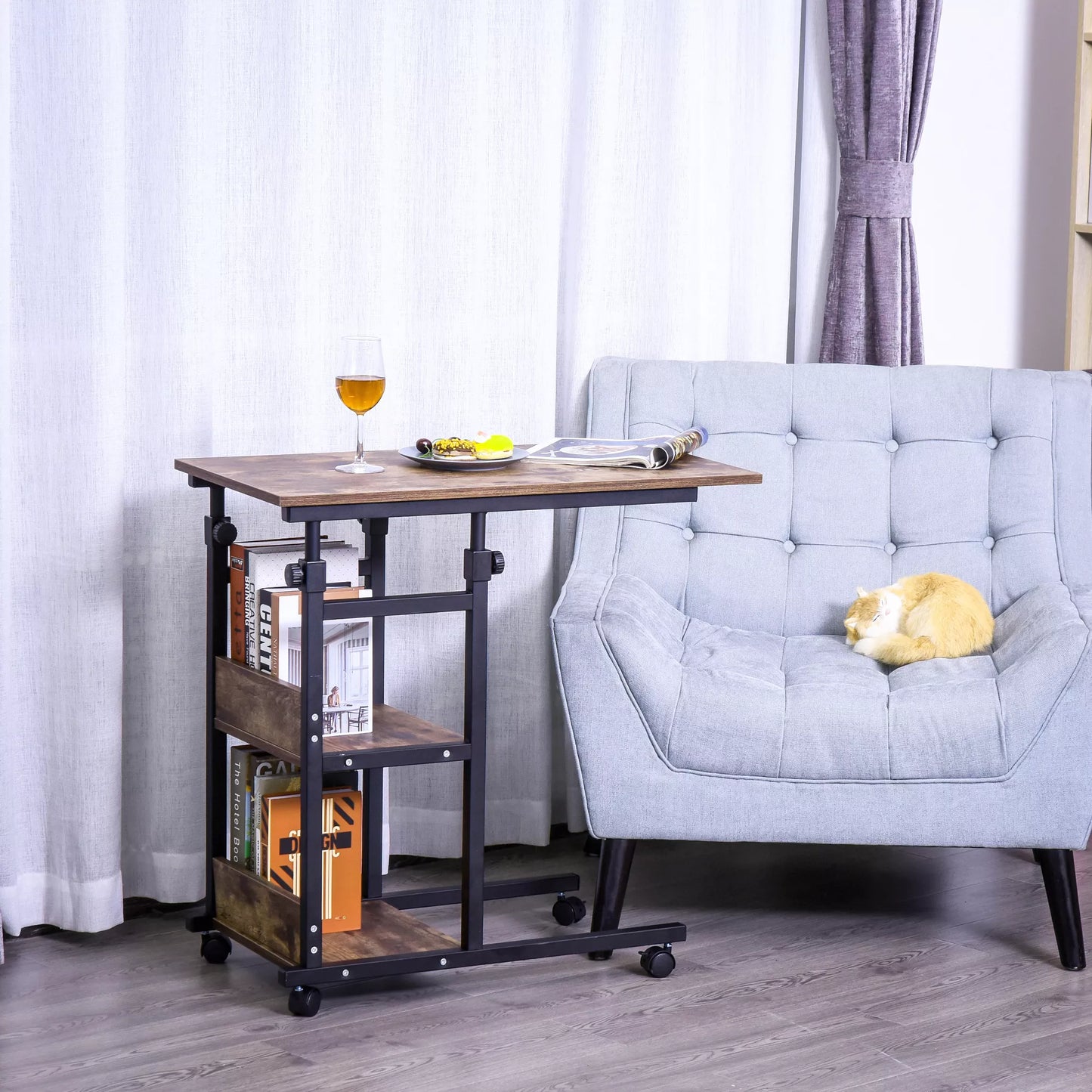 HOMCOM Pagalbinis staliukas su ratukais, reguliuojamo aukščio, kompaktiškas, 2 lentynos, metalinis rėmas, 80x40x72-82 cm, rudos/juodos spalvos