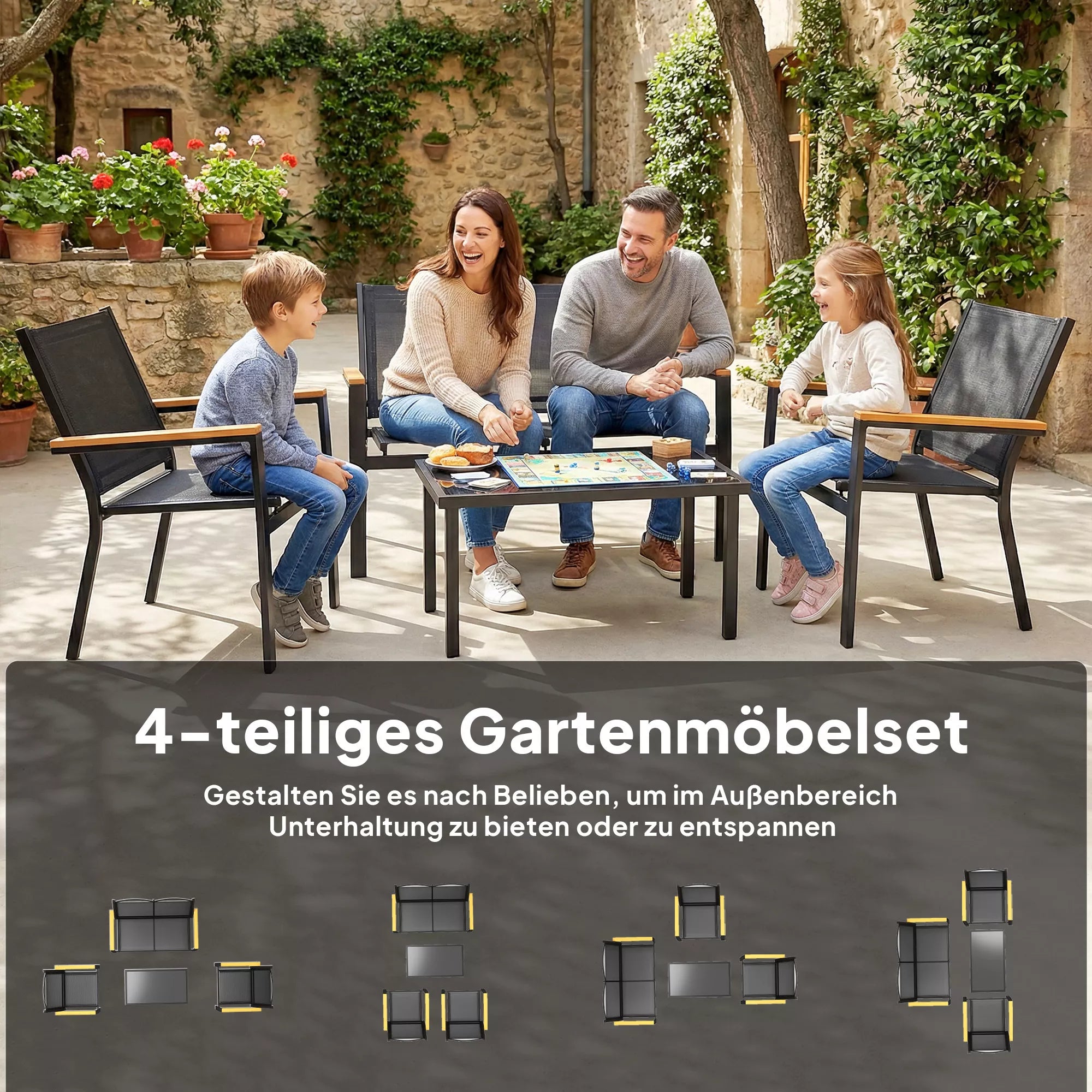 Sodo baldų komplektas iš metalo, skirtas 4 asmenims. Sodo poilsio zona su dviviete sofa, kėdėmis ir pagalbiniu staliuku, 110x63,5x84 cm, juodos spalvos
