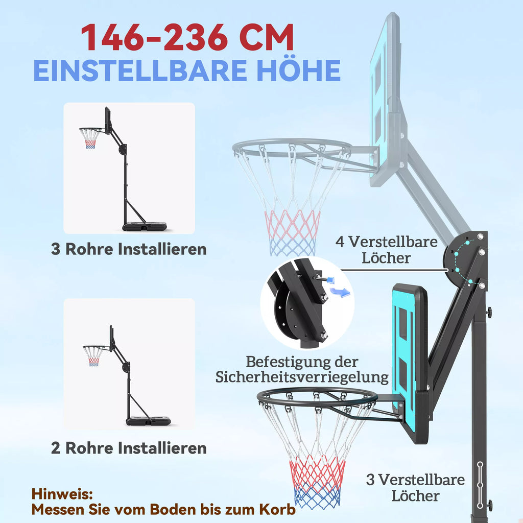 Krepšinio lankas, aukštis reguliuojamas nuo 146 iki 236 cm, krepšinio stovas, su ratukais, plienas, plastikas, juodas