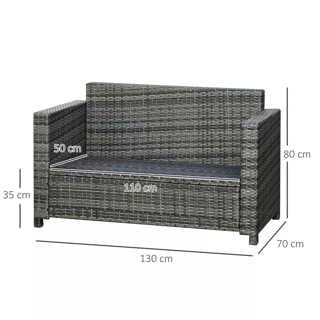 Polirataninė sofa su pagalvėmis, 2 vietų, sodo poilsio sofa, metalas, poliesteris, pilka, 130 x 70 x 80 cm