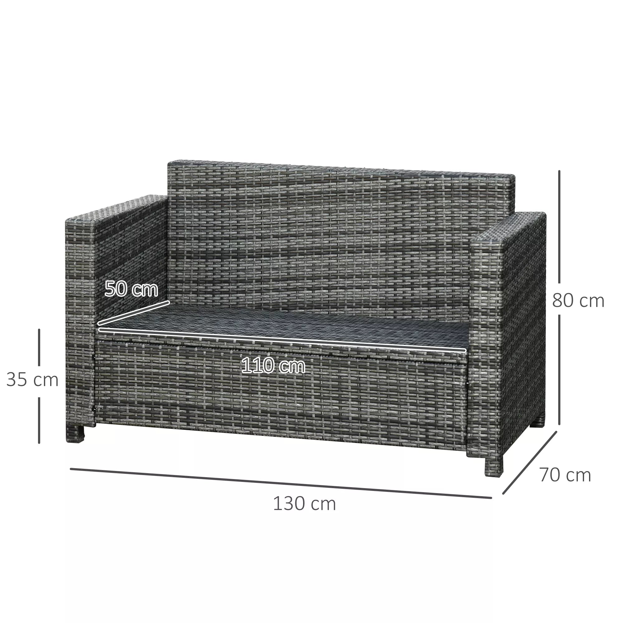 Polirataninė sofa su pagalvėmis, 2 vietų, sodo poilsio sofa, metalas, poliesteris, pilka, 130 x 70 x 80 cm