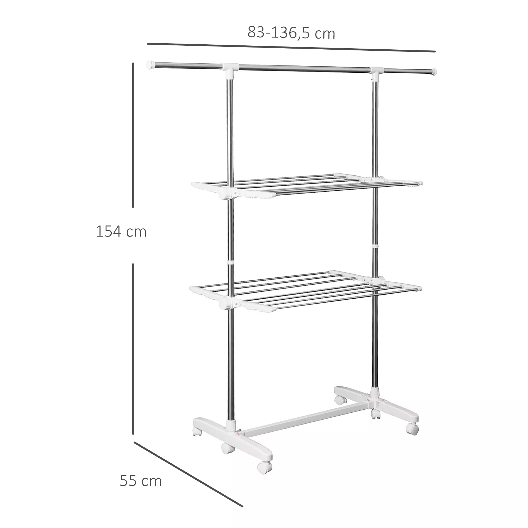 Drabužių džiovykla ištraukiama su ratukais, 83–136,5 cm, sidabrinė