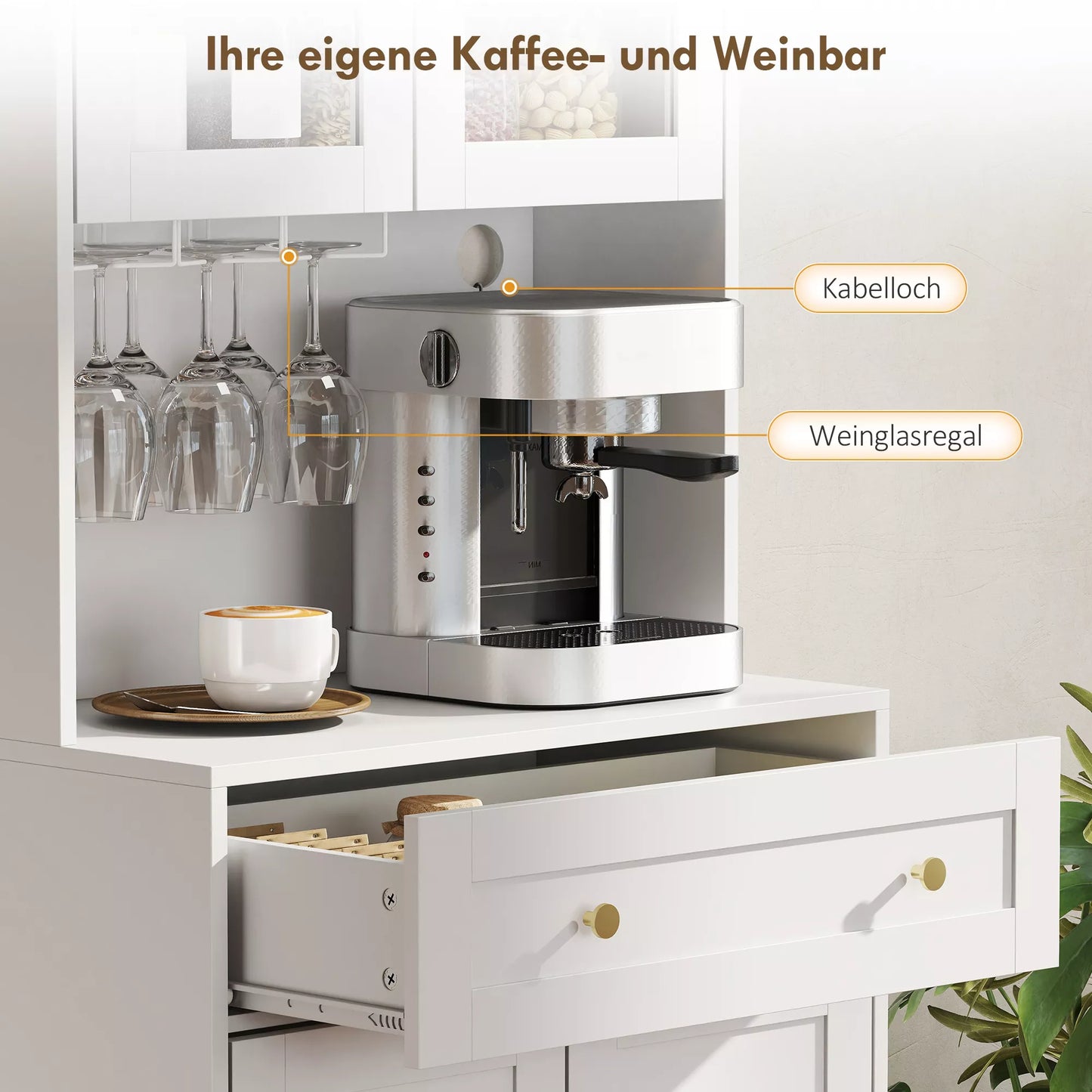 Virtuvės spintelė su darbo paviršiumi, vyno taurių laikiklis, sandėliavimo spintelė virtuvėje, valgomojo kambaryje, 170 cm, MDF, stiklas, balta