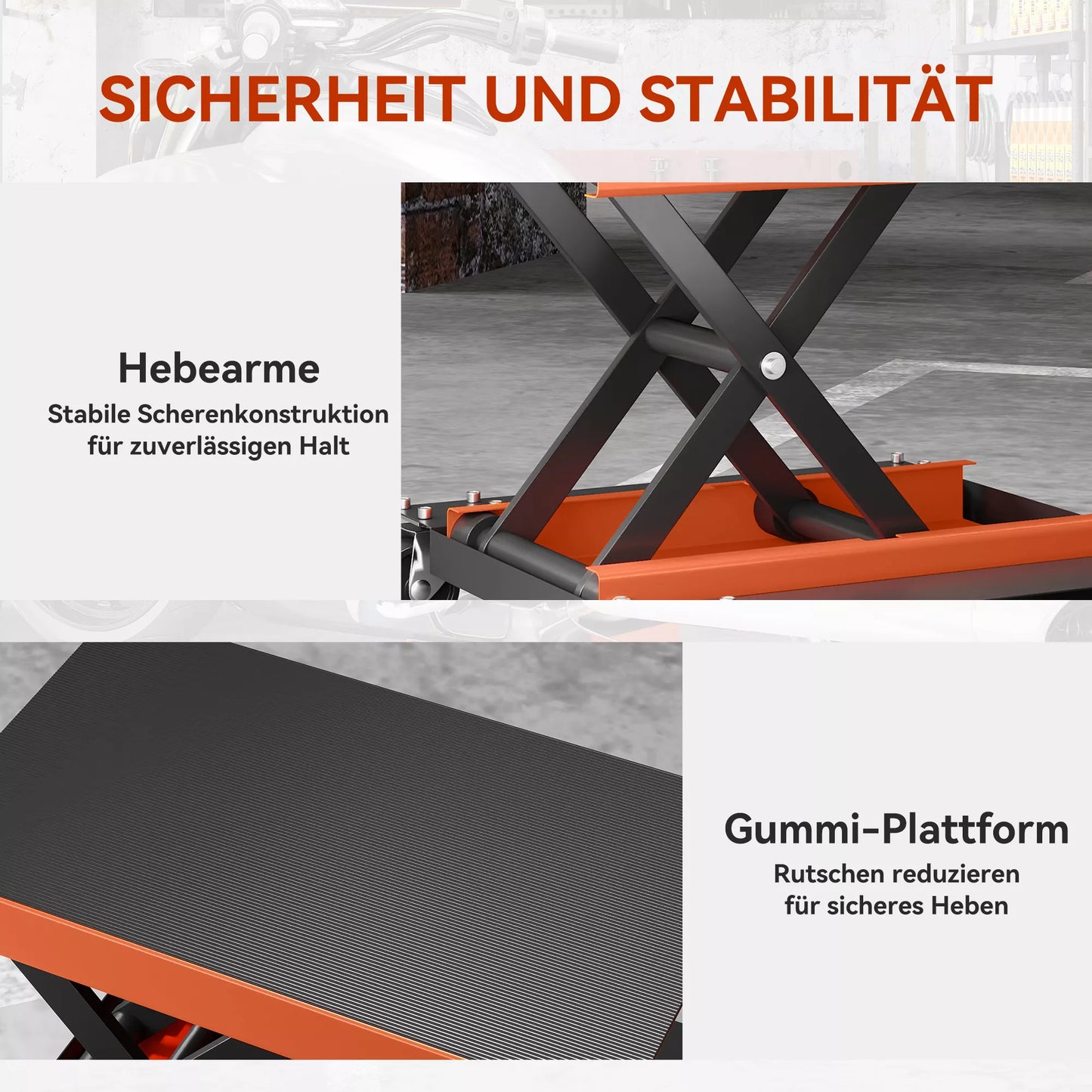 Motociklo keltuvas 500 kg, motociklo pakelimo platforma, reguliuojamas aukštis 135–390 mm, plienas, oranžinis