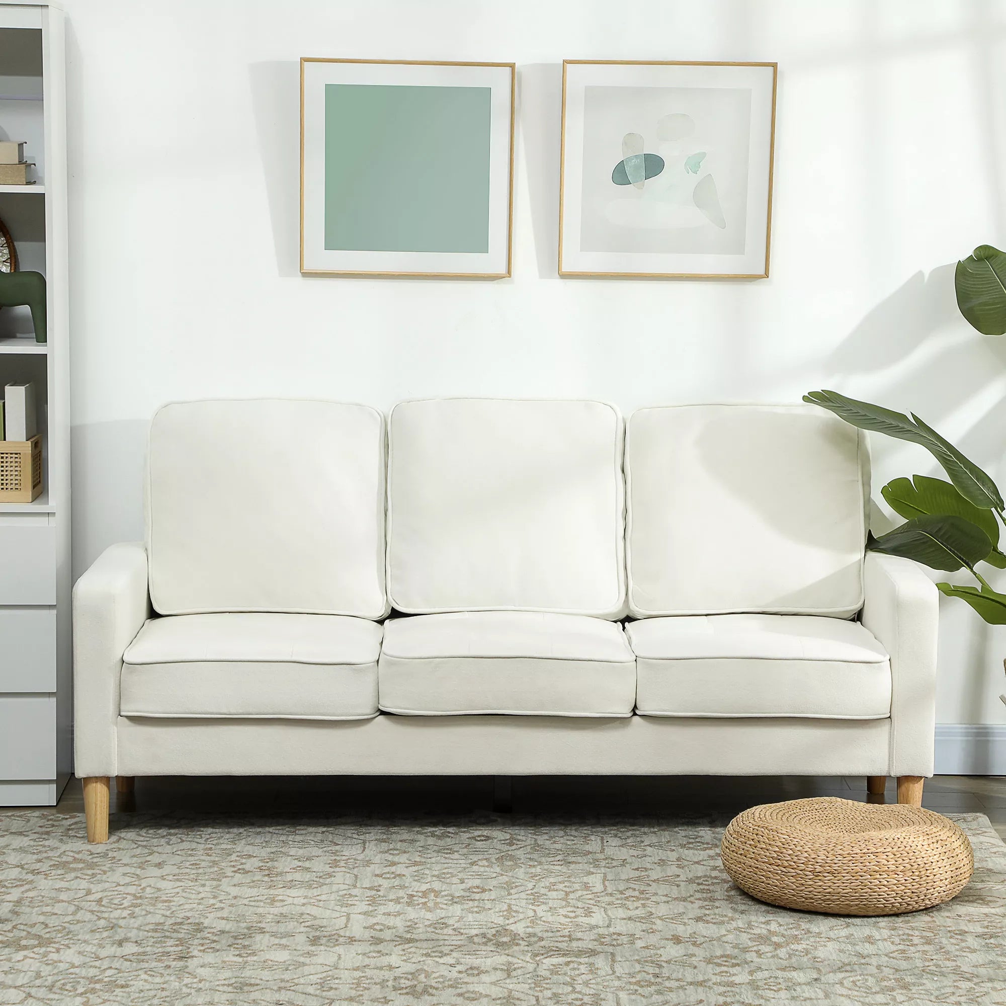 3 vietų sofa su storais pagalvėlėmis, kaučiuko medis, audinio apmušalas, minkšta sofa svetainėms, biurams, miegamiesiems, kreminė balta spalva